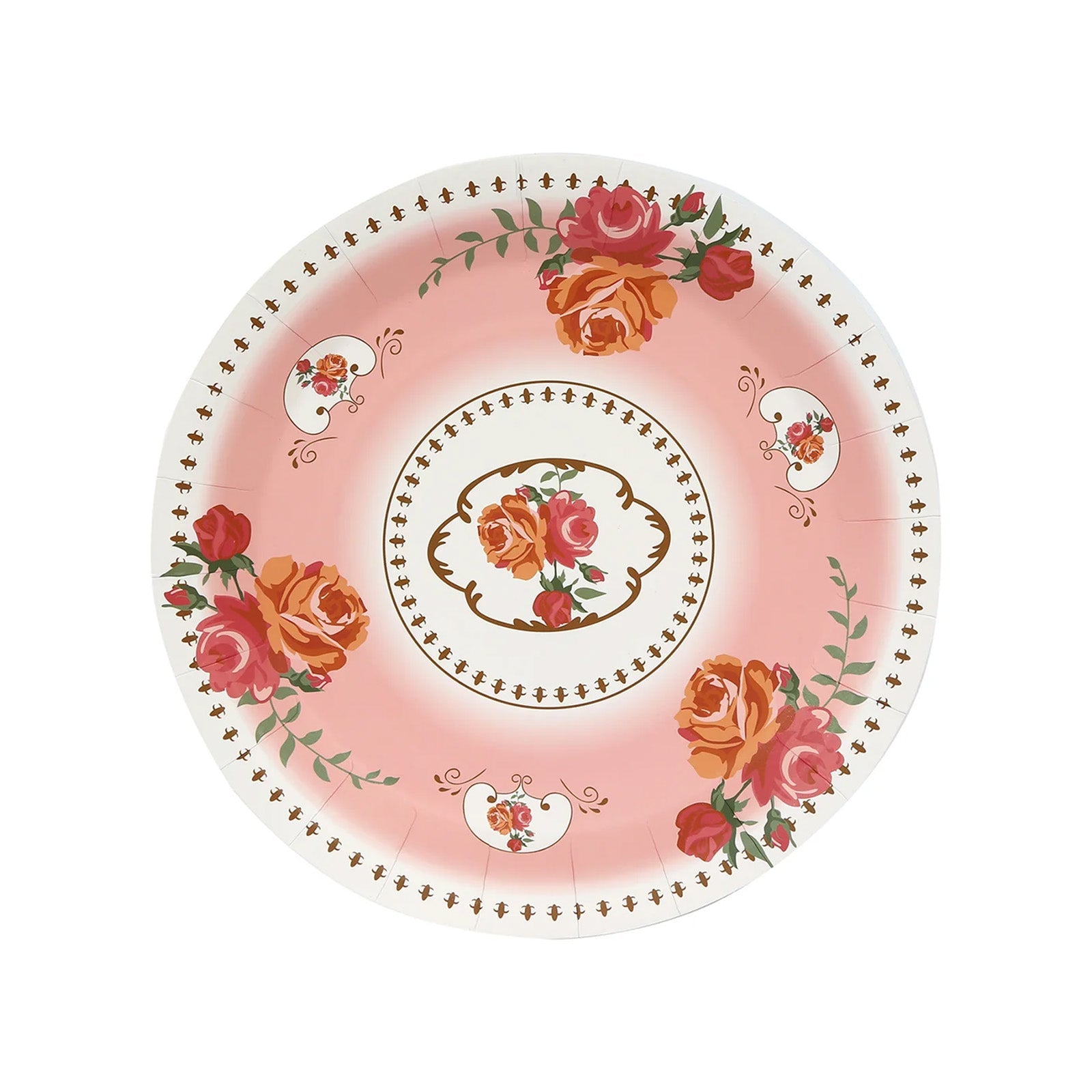 25-Pack Paper 9 Round Dinner Plates in Dusty Rose with Vintage Rose Flower Print - Disposable Plates