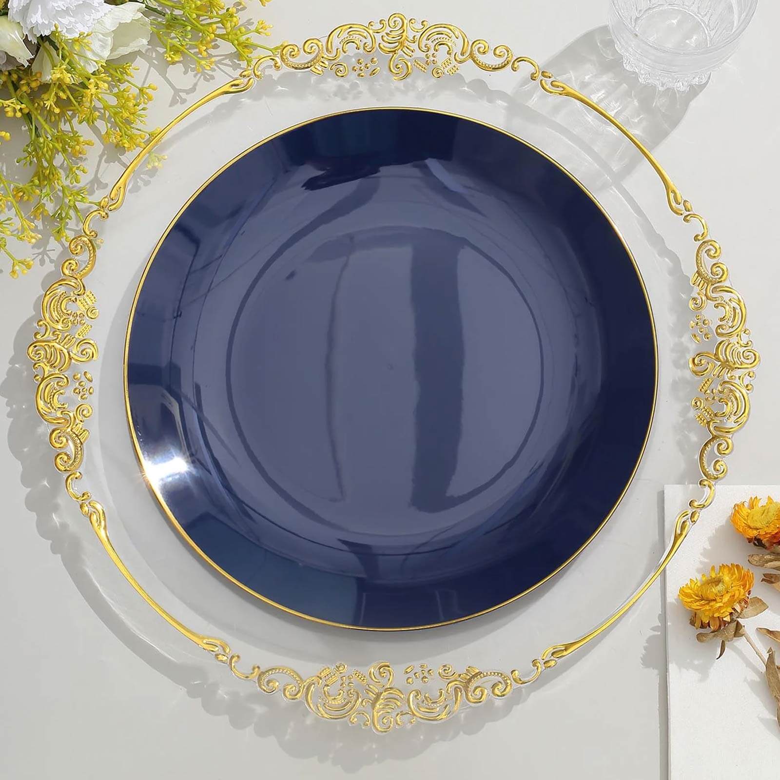 10-Pack Plastic 10 Round Dinner Plates in Navy Blue with Gold Rim - Glossy Disposable Party Plates