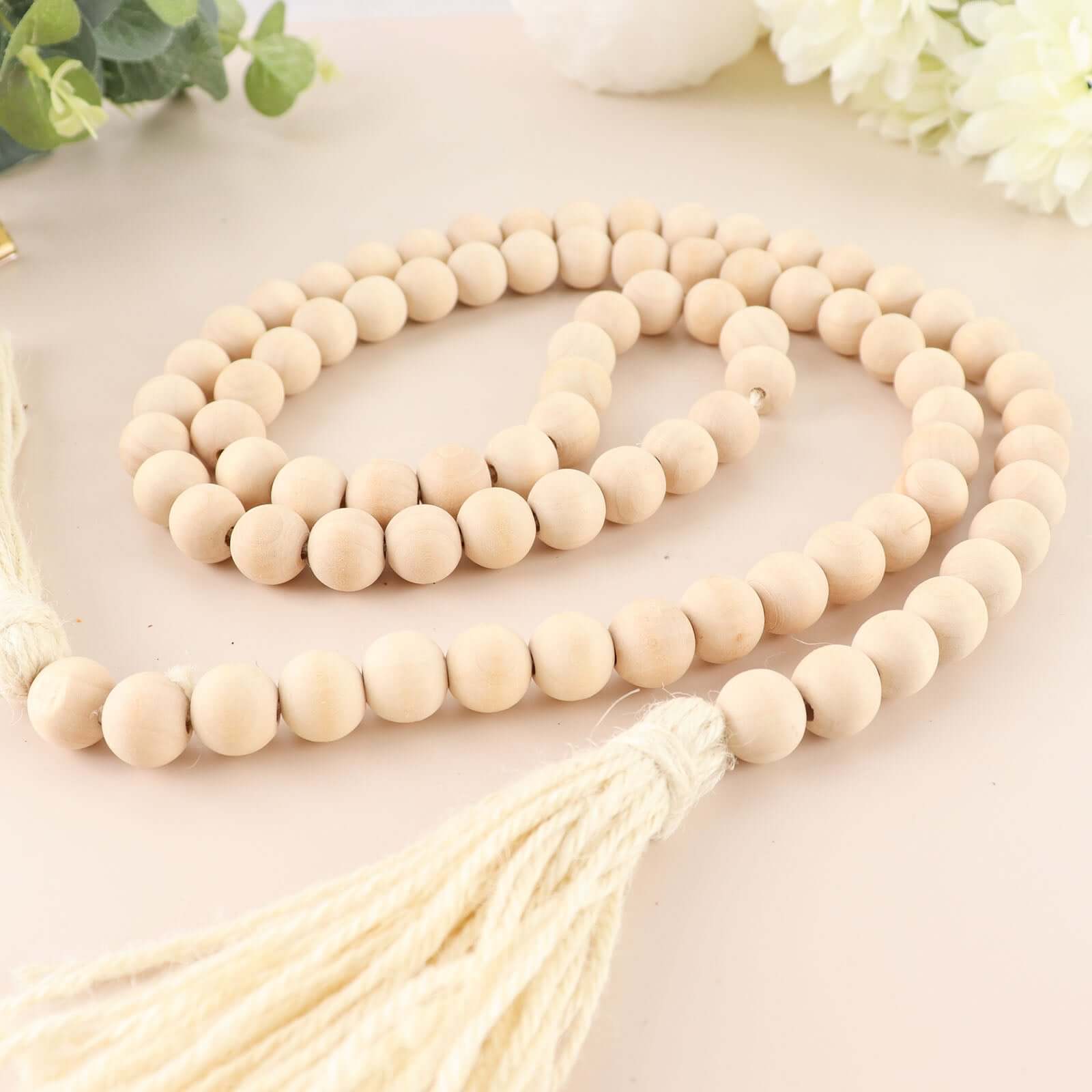 55 Cream Rustic Boho Chic Wood Bead Garland With Tassels, Farmhouse Country Wood Bead Chain