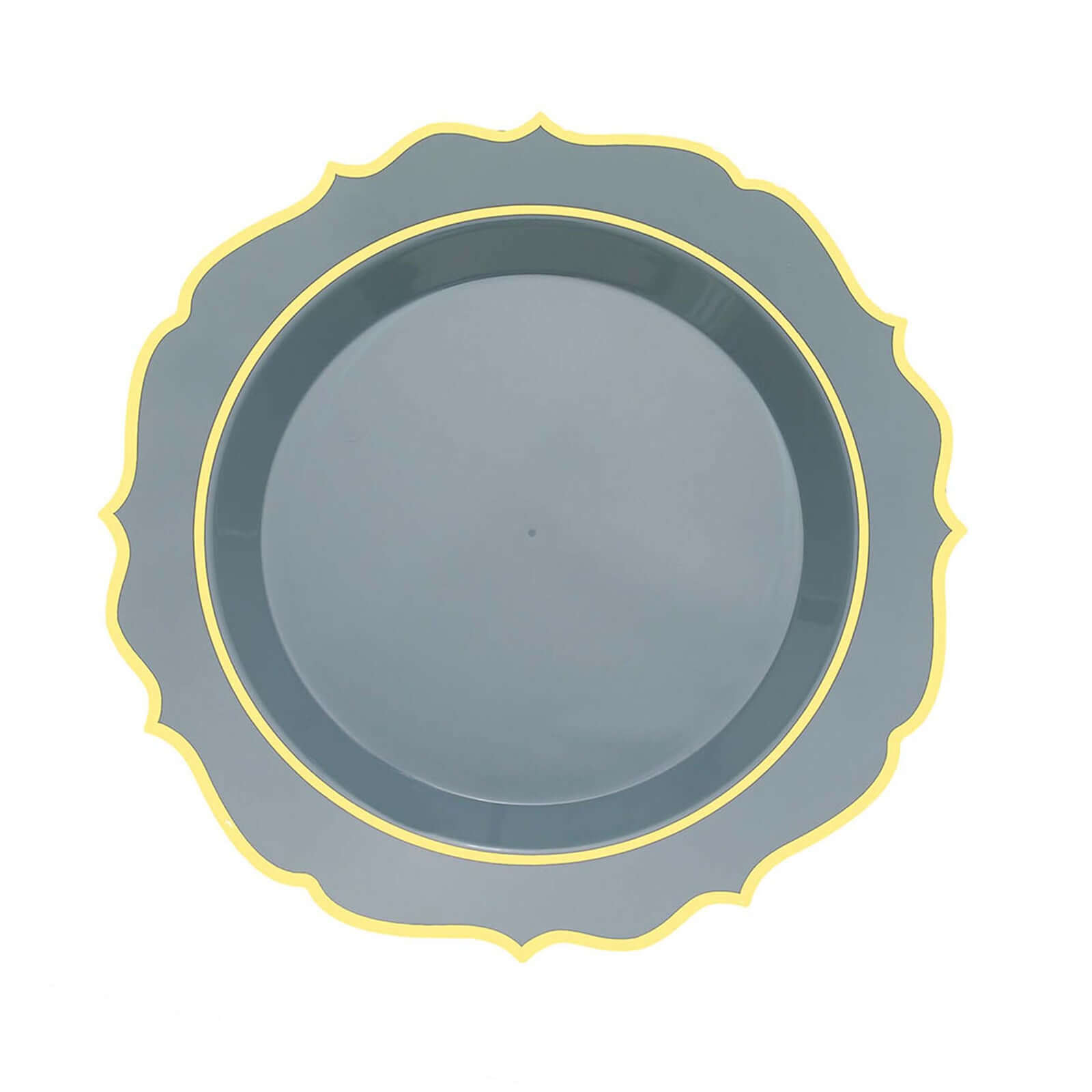 10-Pack Plastic 8 Round Desert Plates in Dusty Blue with Gold Scalloped Rim - Disposable Appetizer/Salad Plates