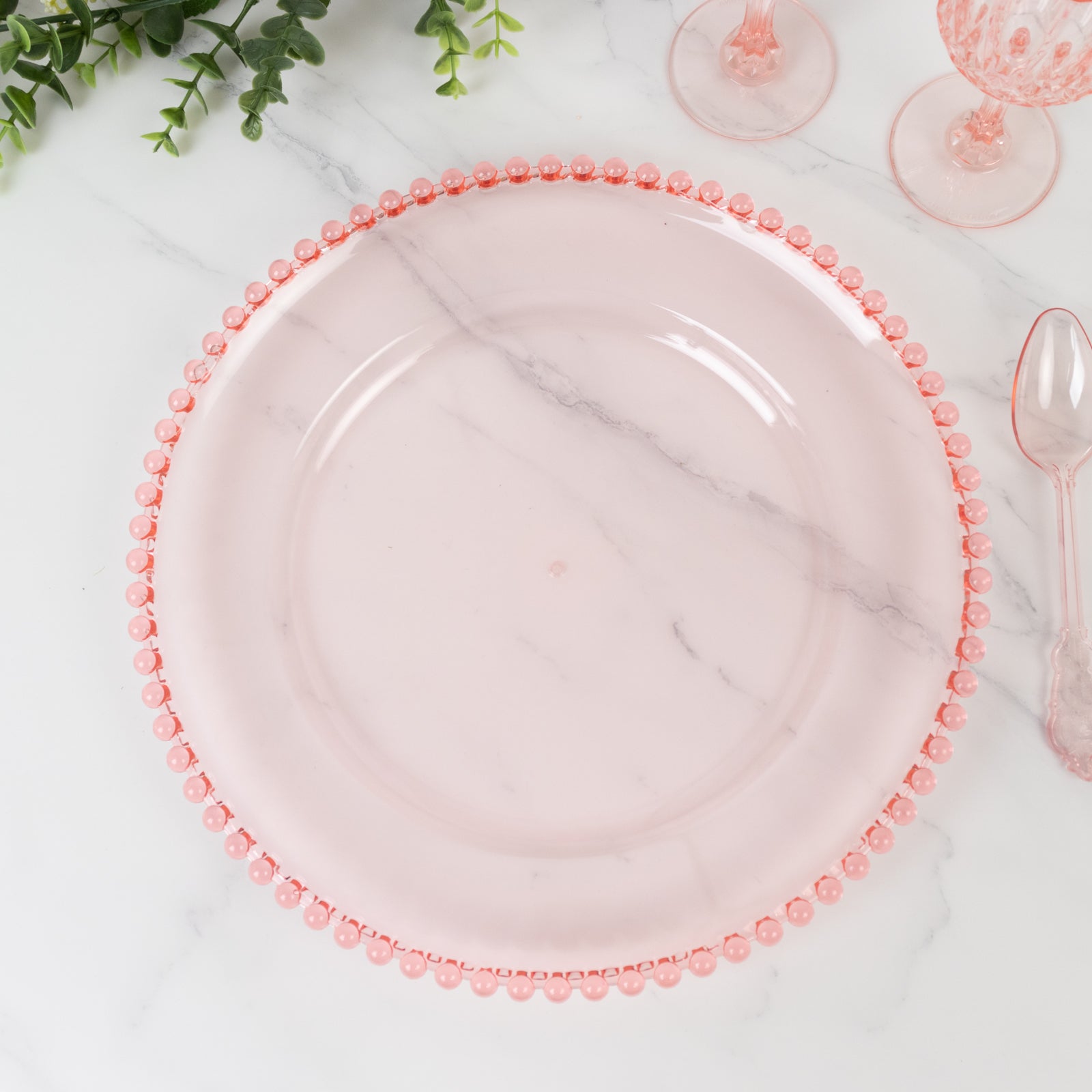 6-Pack Acrylic Round Charger Plates 13 in Transparent Blush with Beaded Rim, Decorative Dinner Party Serving Plates