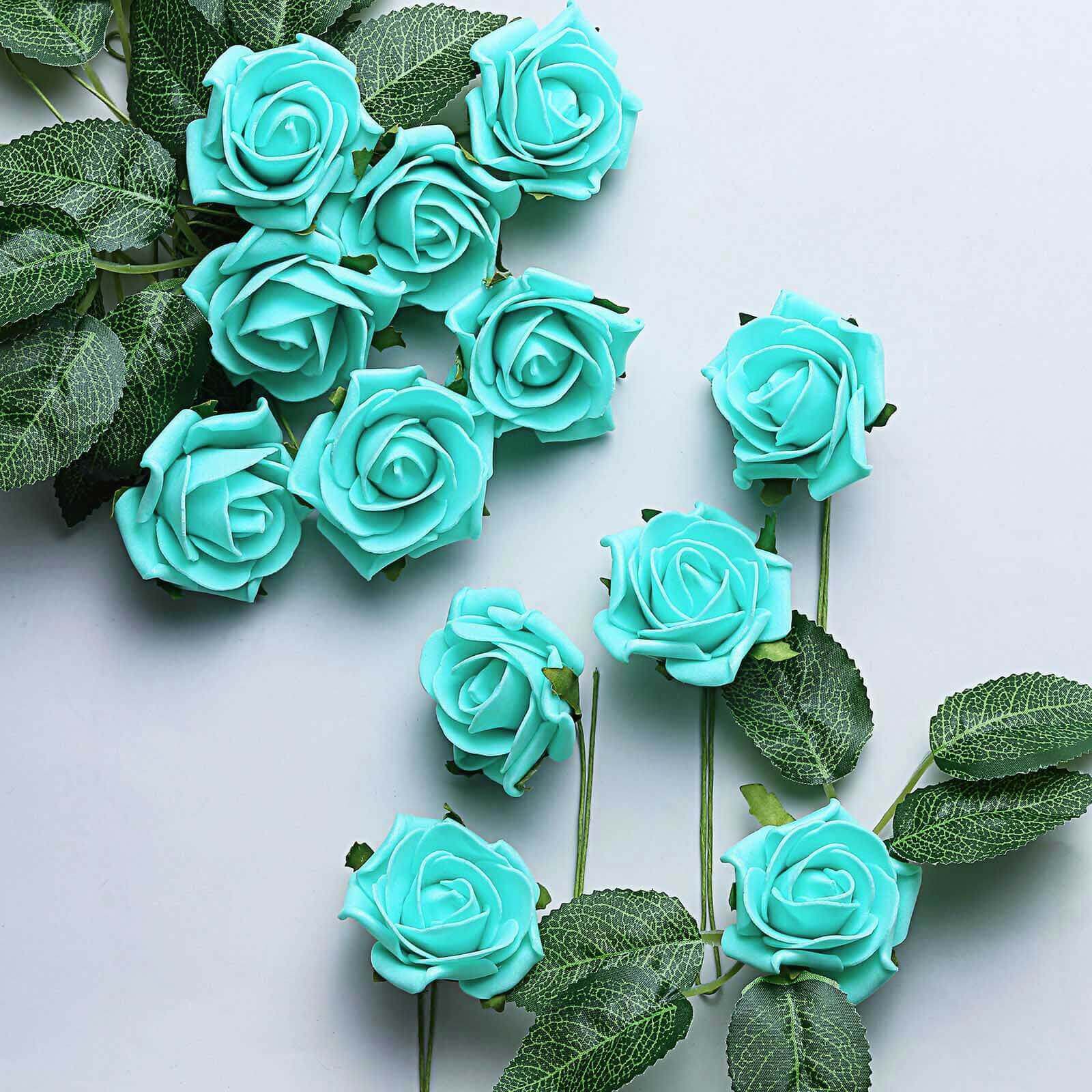 24 Roses 2 Turquoise Artificial Foam Flowers With Stem Wire and Leaves
