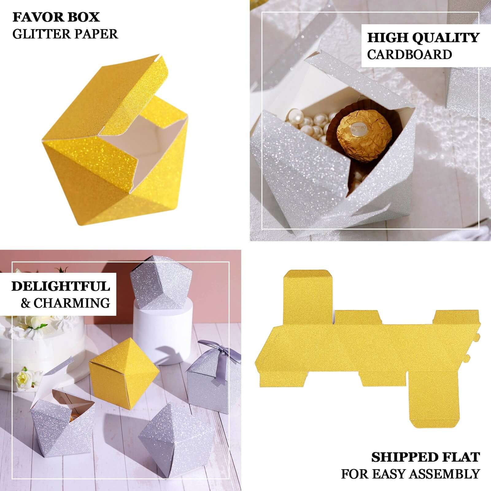 25 Pack 2x3 Geometric Gold Glitter Wedding Favor Candy Gift Boxes