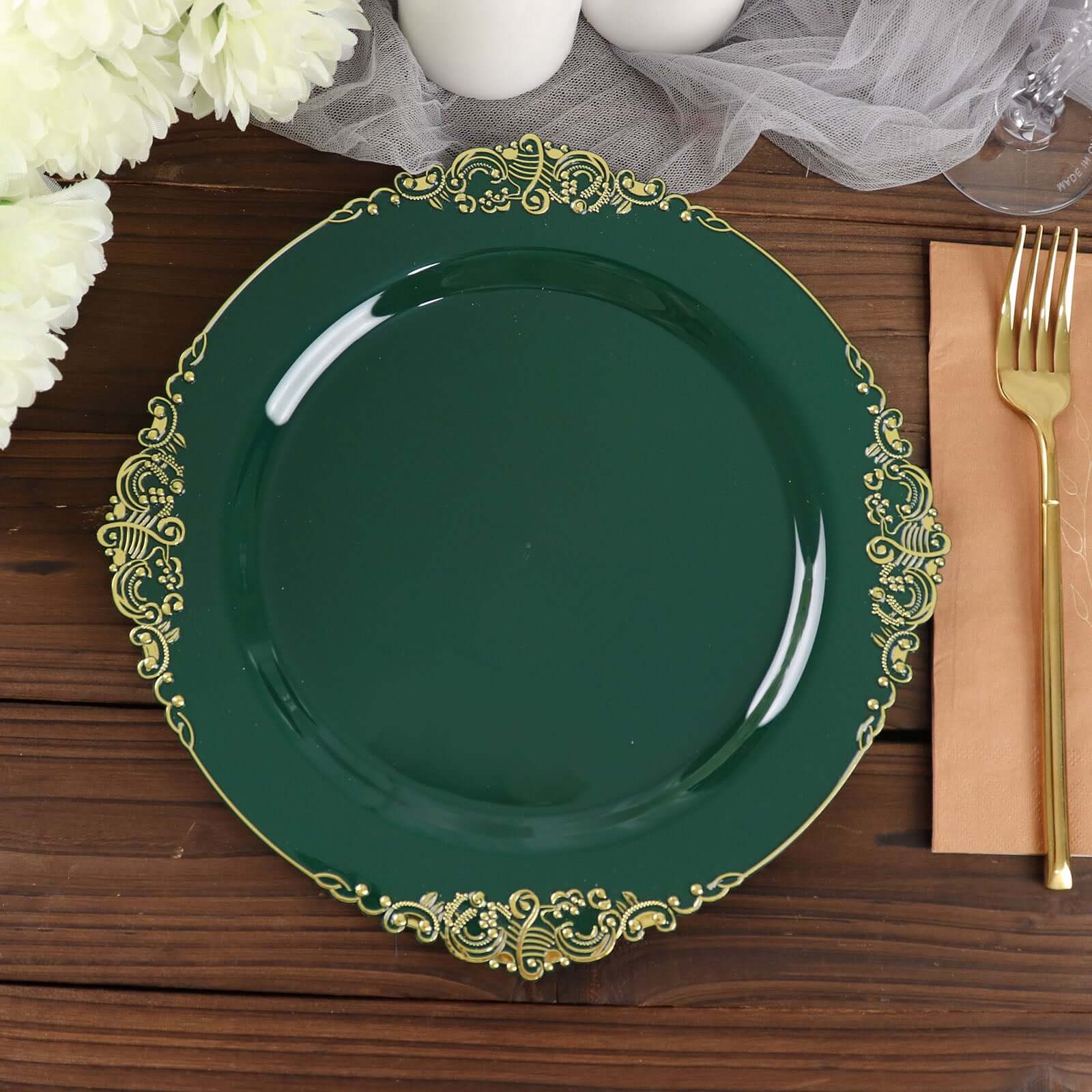 10-Pack Plastic 10 Round Dinner Plates in Hunter Emerald Green with Gold Leaf Embossed Rim - Disposable Vintage Baroque Style Plates