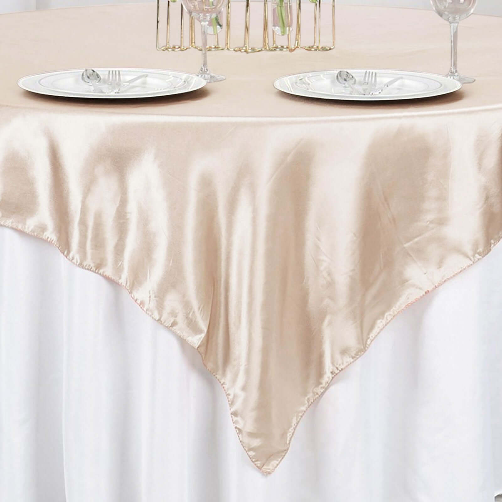 Satin 60x60 Table Overlay Square Tablecloth Beige - Smooth Silky Touch Table Cover