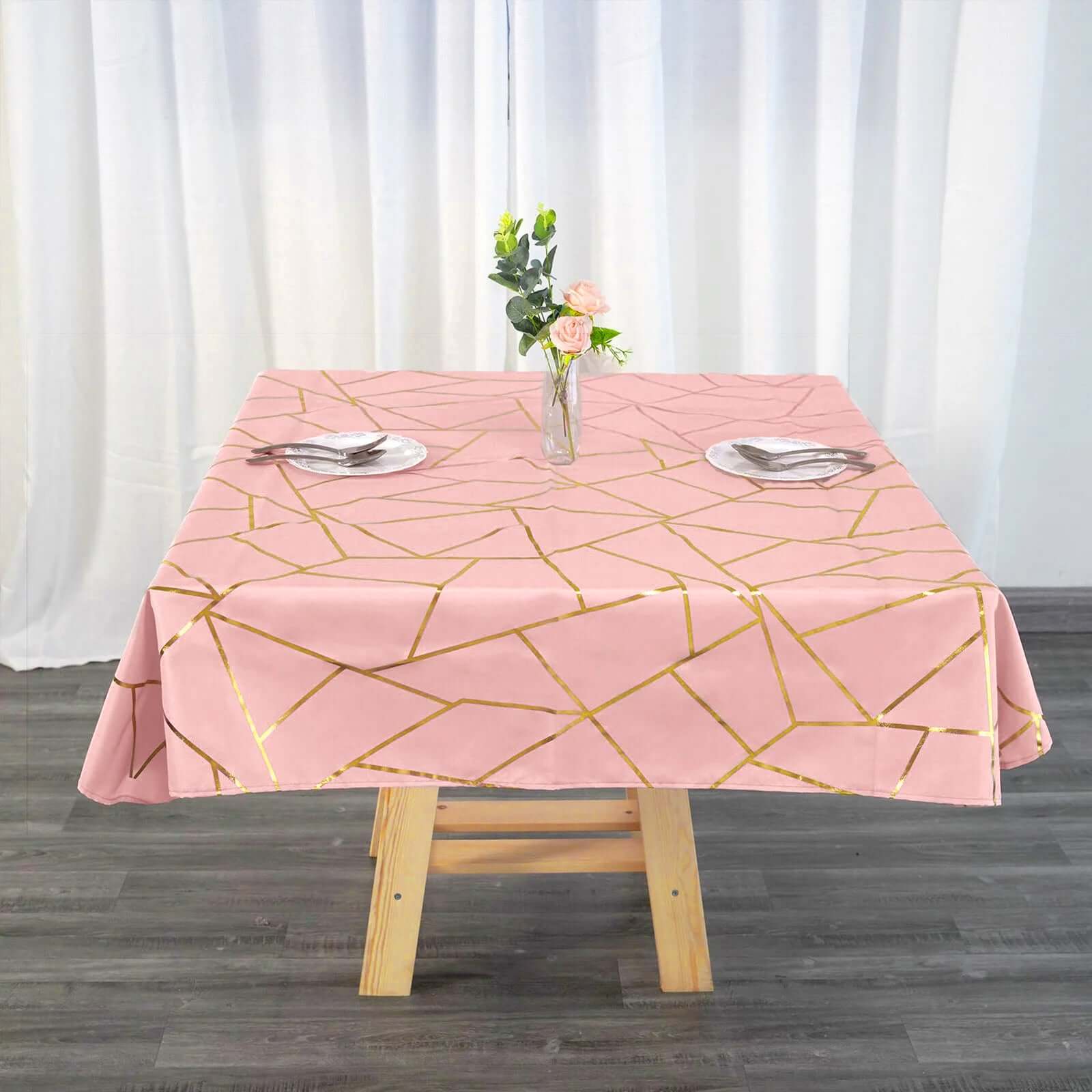 Polyester 54x54 Square Tablecloth Dusty Rose with Gold Foil Geometric Pattern - Wrinkle-Resistant & Durable Table Cover