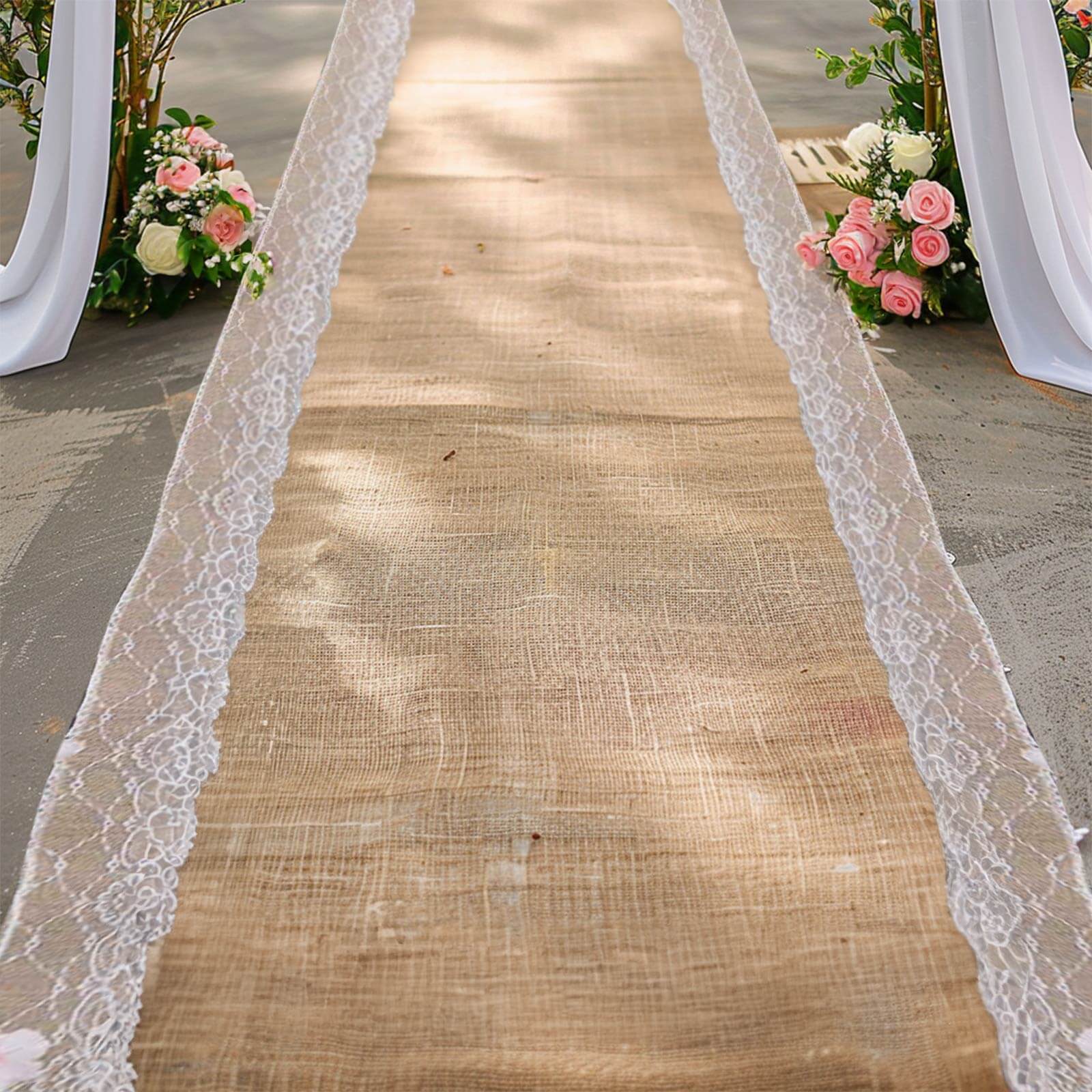 30ft Natural Jute Burlap Aisle Runner with White Floral Lace Borders