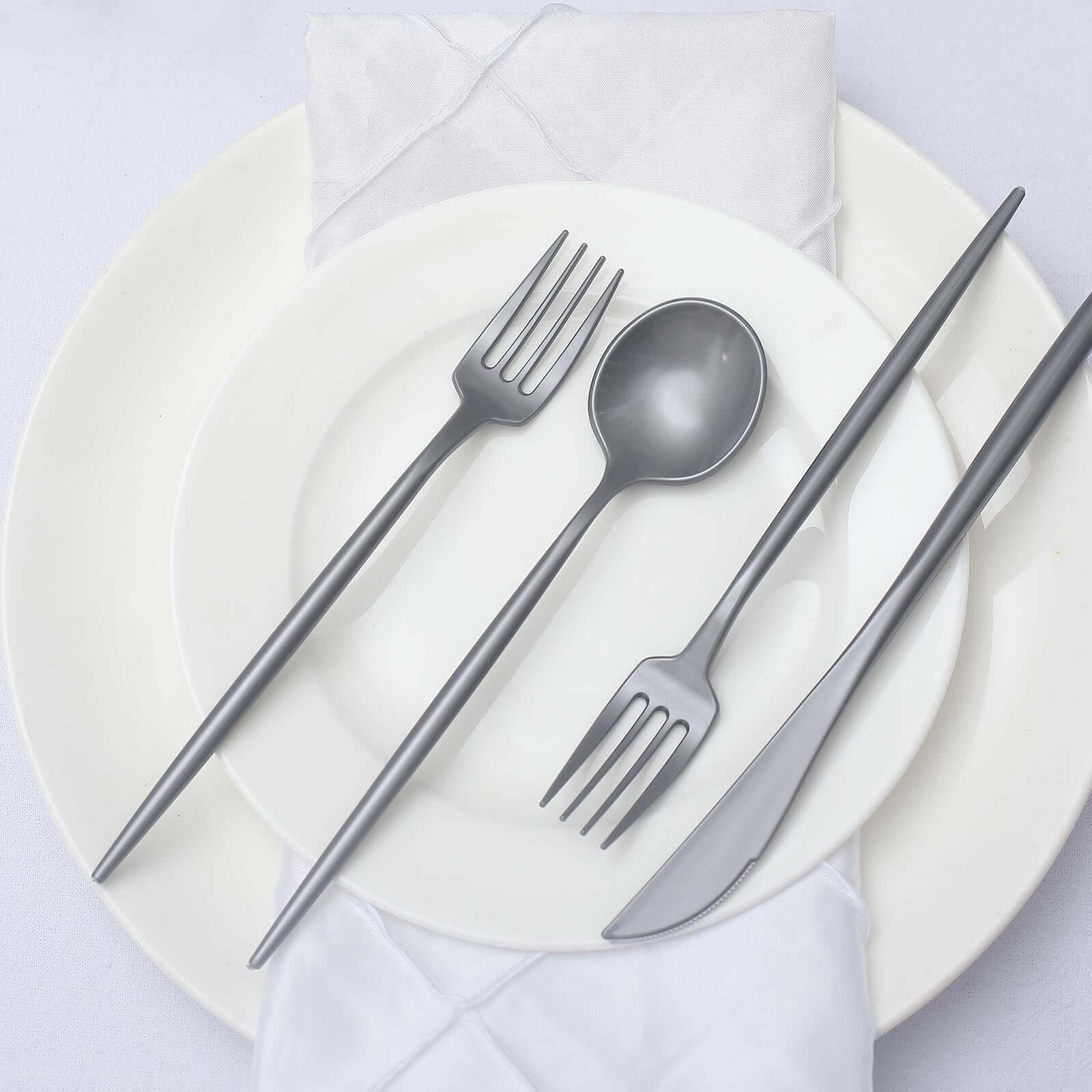 50 Pack Heavy Duty Plastic Utensil Set in Silver, Disposable Dinner and Dessert Cutlery Combo Set