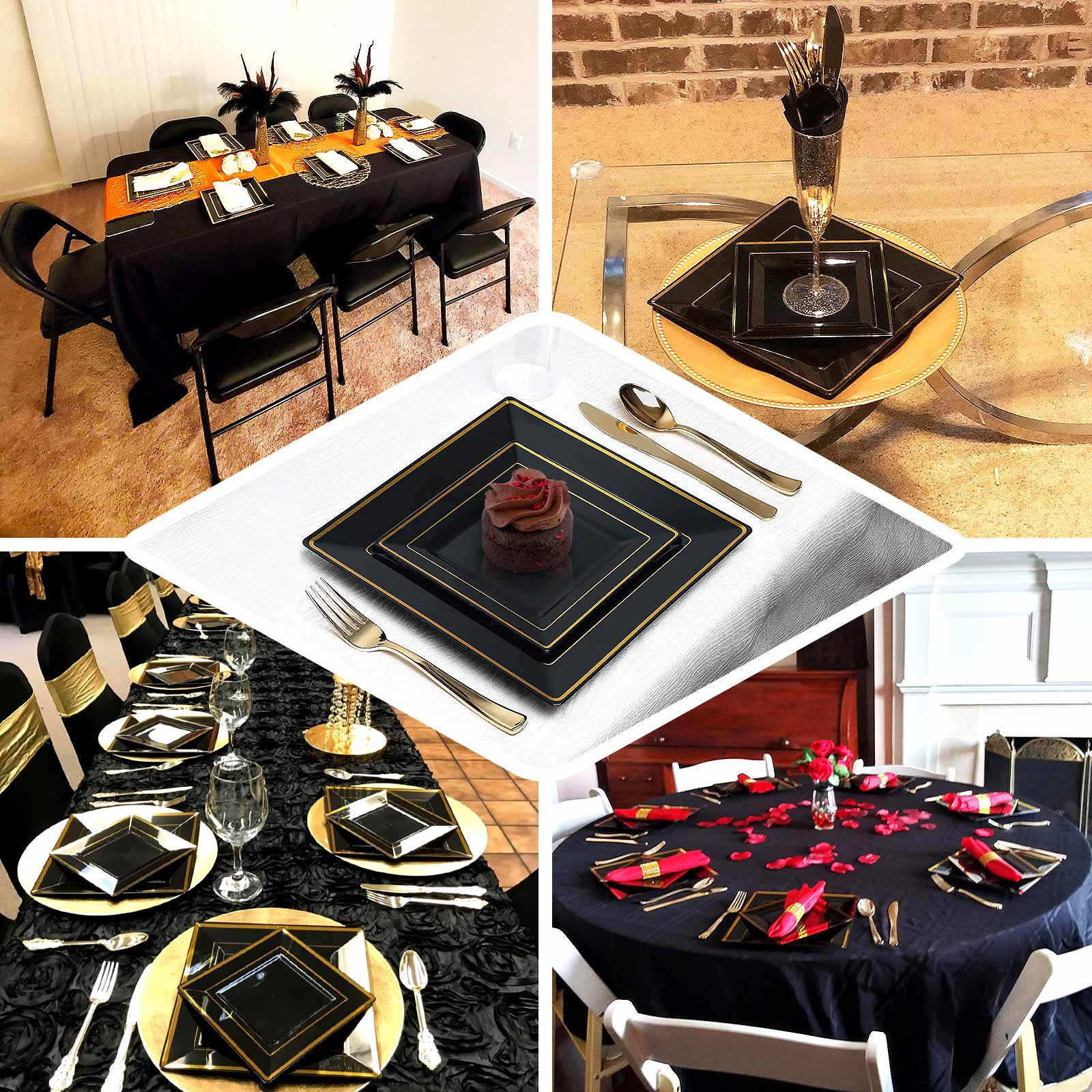 10-Pack Plastic Dinner Plates Black Square with Gold Trim - Lightweight Disposable Plates for Events 10