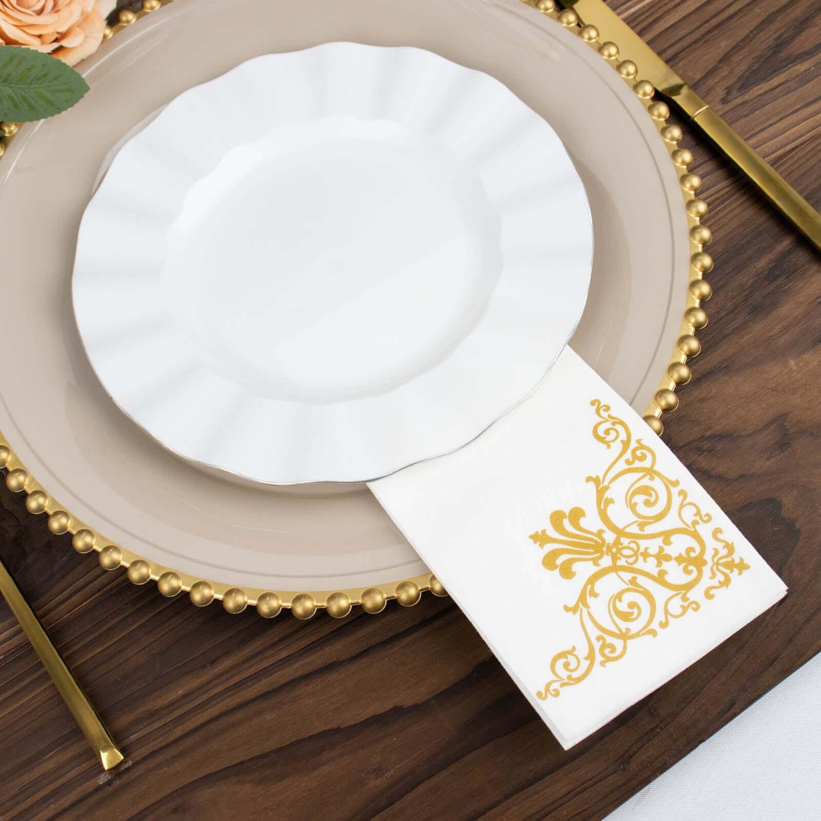 25 Pack White Linen-Feel Dinner Paper Napkins with Gold Fleur Vintage Print, Premium Cloth-Like Airlaid Disposable Napkins, Soft and Absorbent Guest Towels