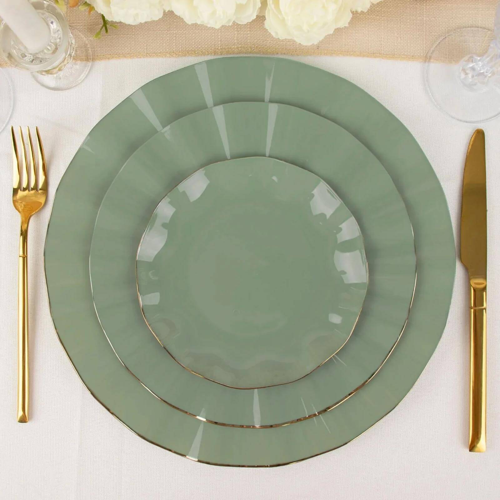 10-Pack Plastic Round 6 Dessert Plates in Dusty Sage Green Ruffled Rim with Gold Edging - Sturdy Disposable Salad Appetizer Dinnerware
