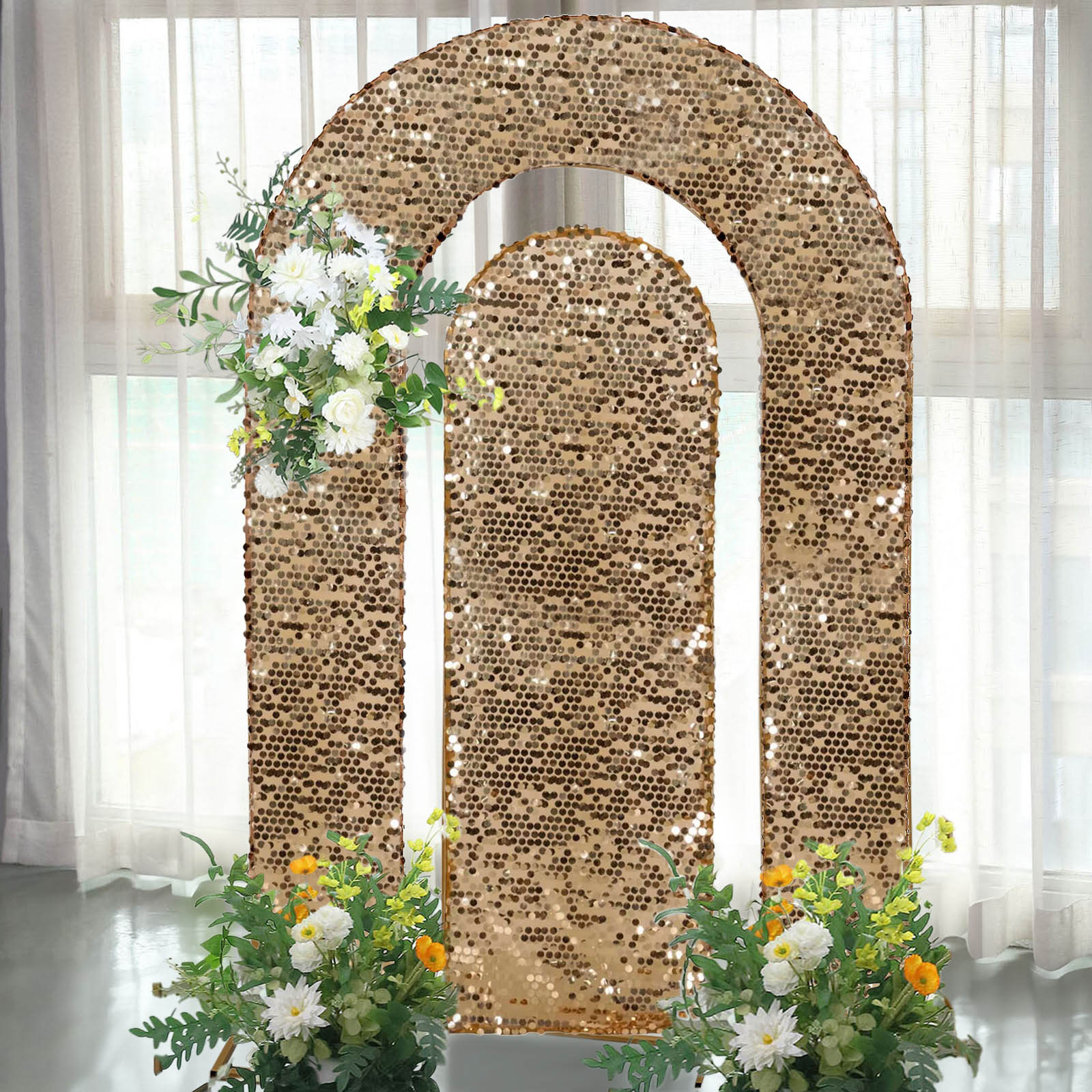 Set of 2 Gold Payette Sequin Wedding Arch Covers for Round Top and Double Arch Chiara Backdrop Stands - 6ft,8ft