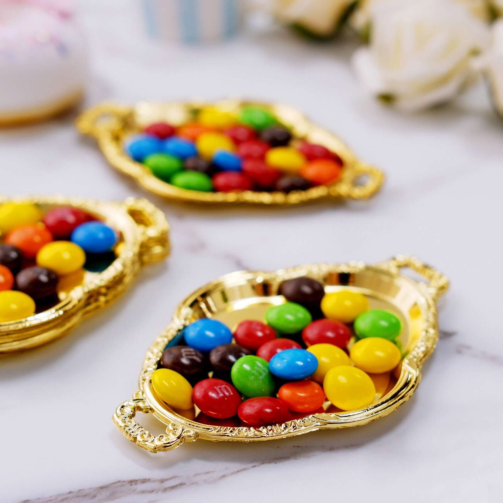 12-Pack Display Trays Party Favor Baroque Oval Design Gold - Mini Serving Platters for Sweets and Desserts 4.5