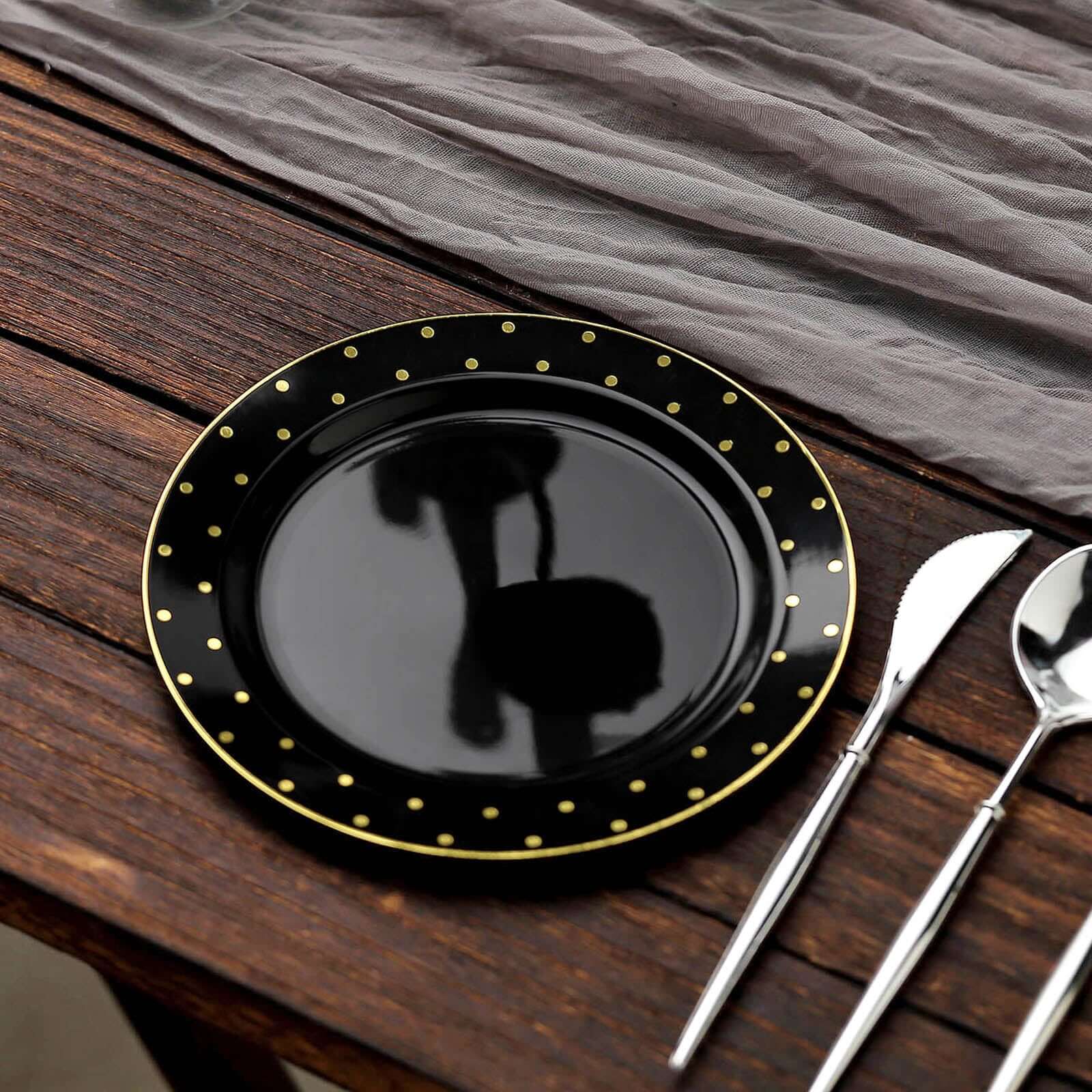 10 Pack 7.5 Black With Gold Dot Rim Plastic Dessert Plates, Round Salad Disposable Tableware Plates