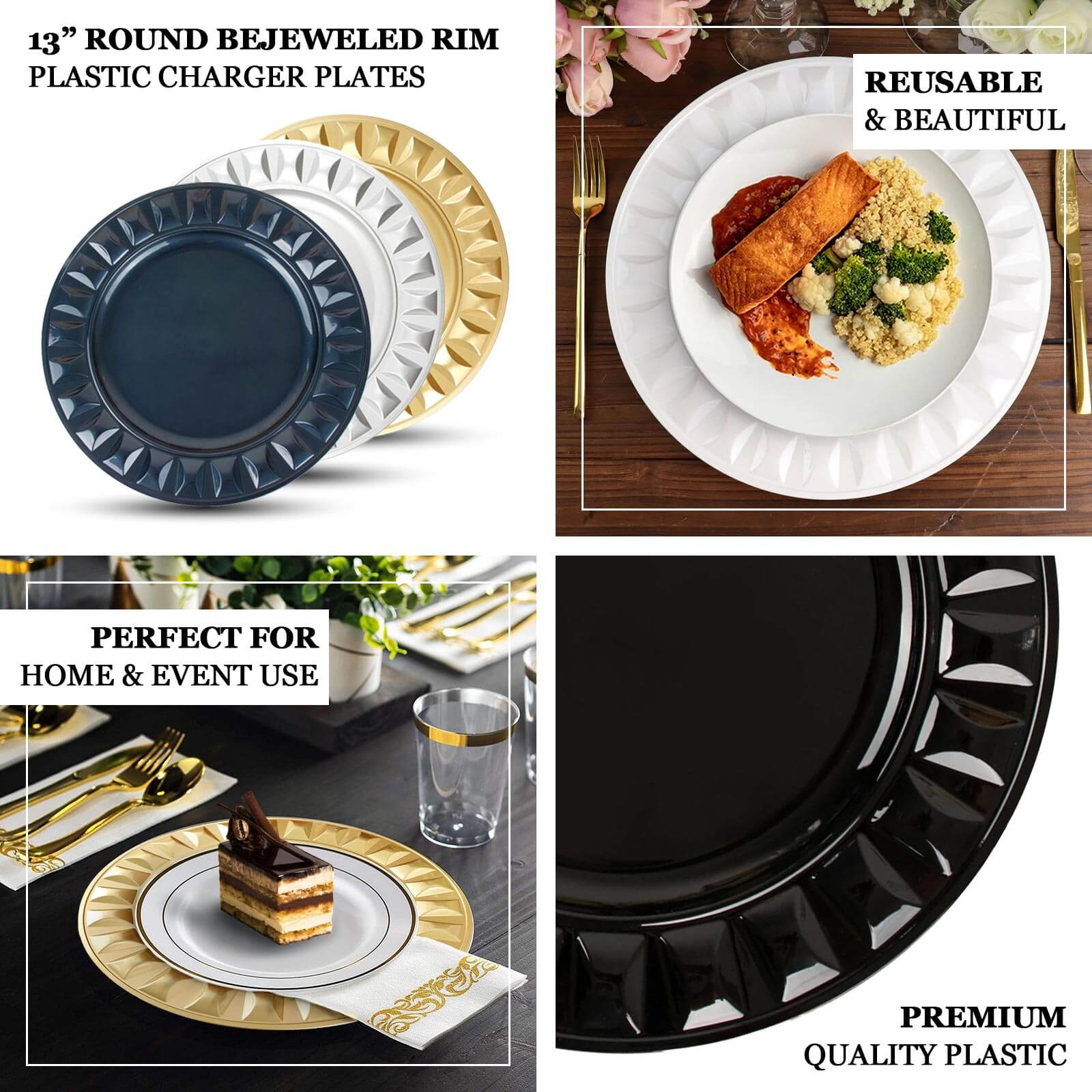 6-Pack Plastic Round Charger Plates 13 in Navy Blue with Bejeweled Rim, Luxe Decorative Dinner Party Charger Tableware