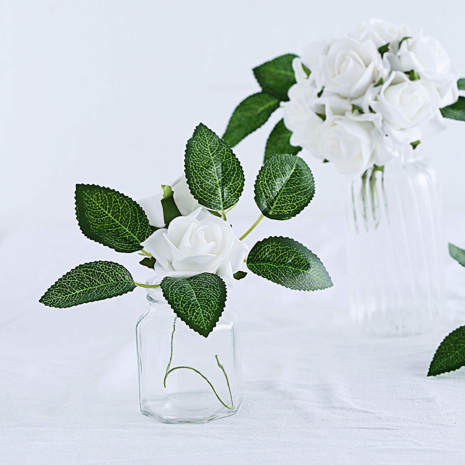 24 Roses 2 White Artificial Foam Flowers With Stem Wire and Leaves