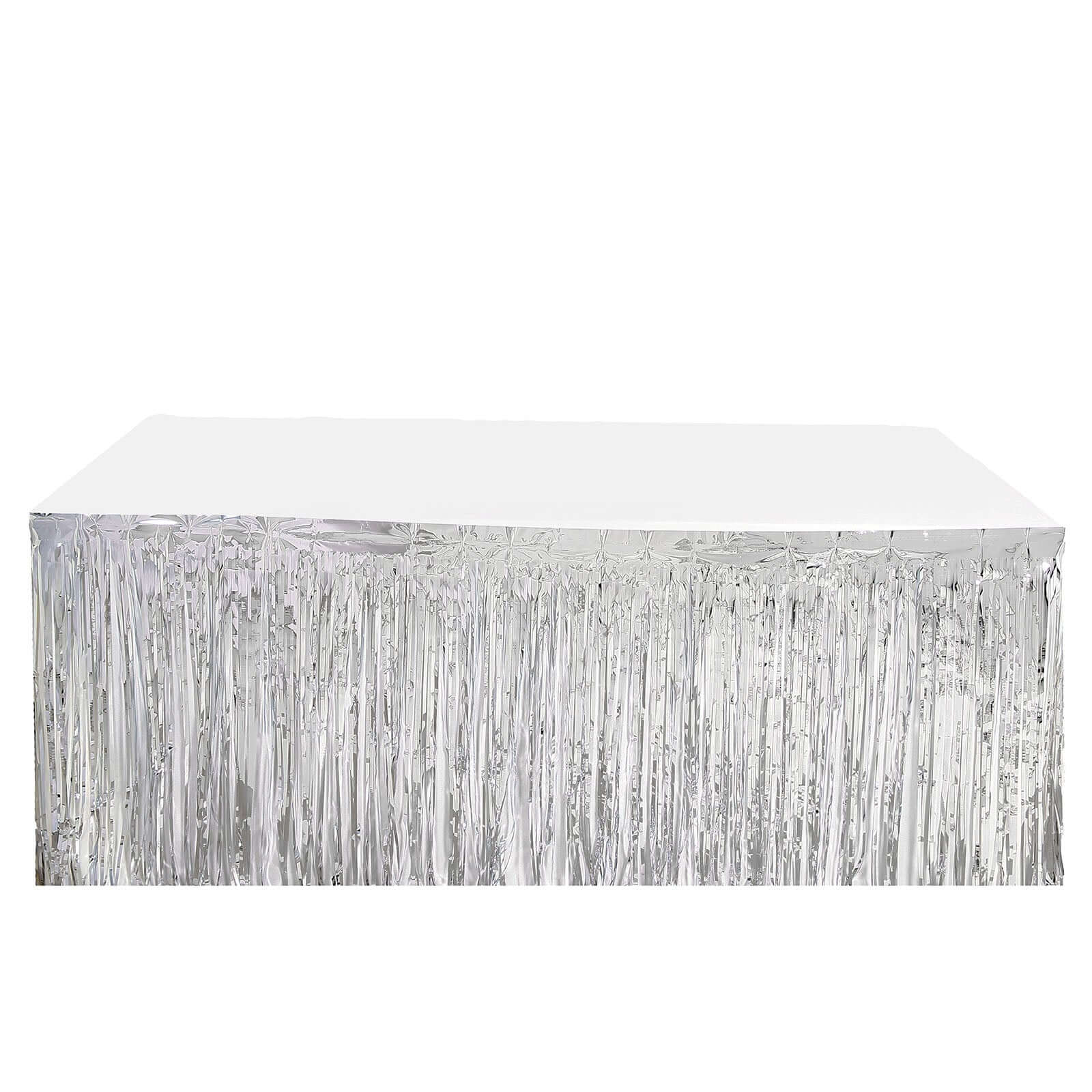 Metallic Foil Fringe Table Skirt Silver with Self Adhesive Backing - Durable Tinsel Skirt for Parties 30x9ft