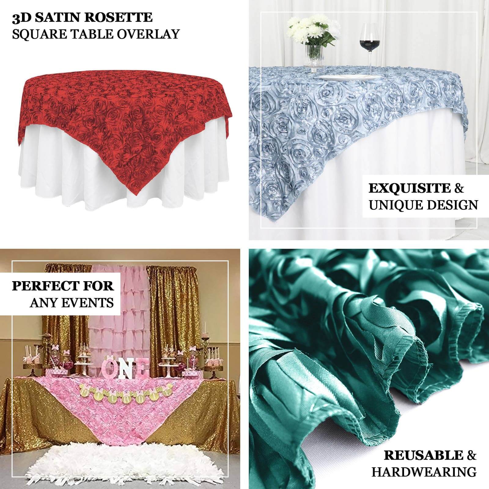 Satin 72x72 Table Overlay Square Tablecloth Burgundy - 3D Rosette Table Cover