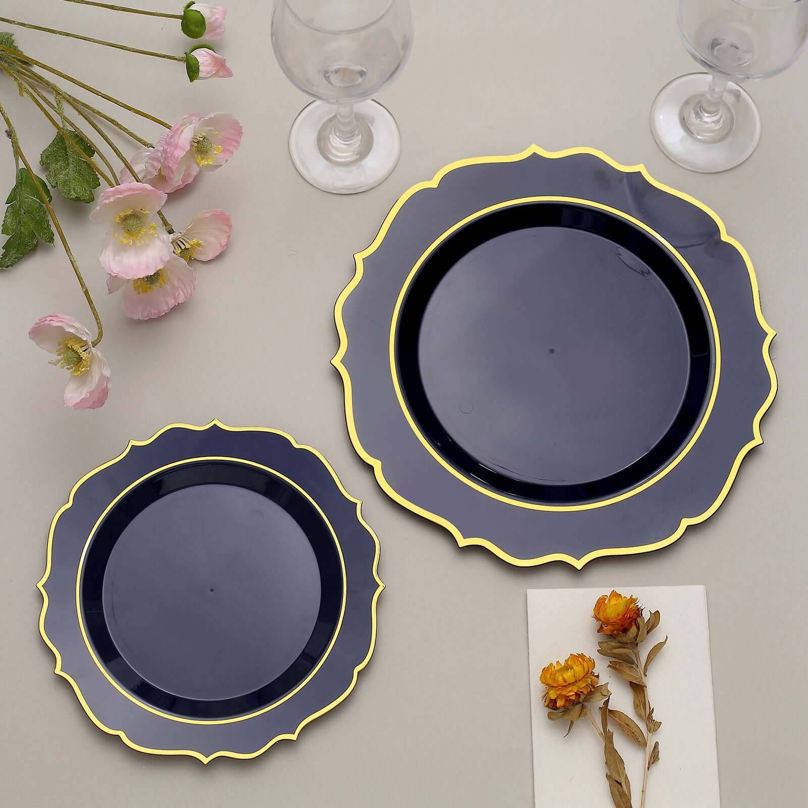 10-Pack Plastic 8 Round Desert Plates in Navy Blue with Gold Scalloped Rim - Disposable Appetizer/Salad Plates