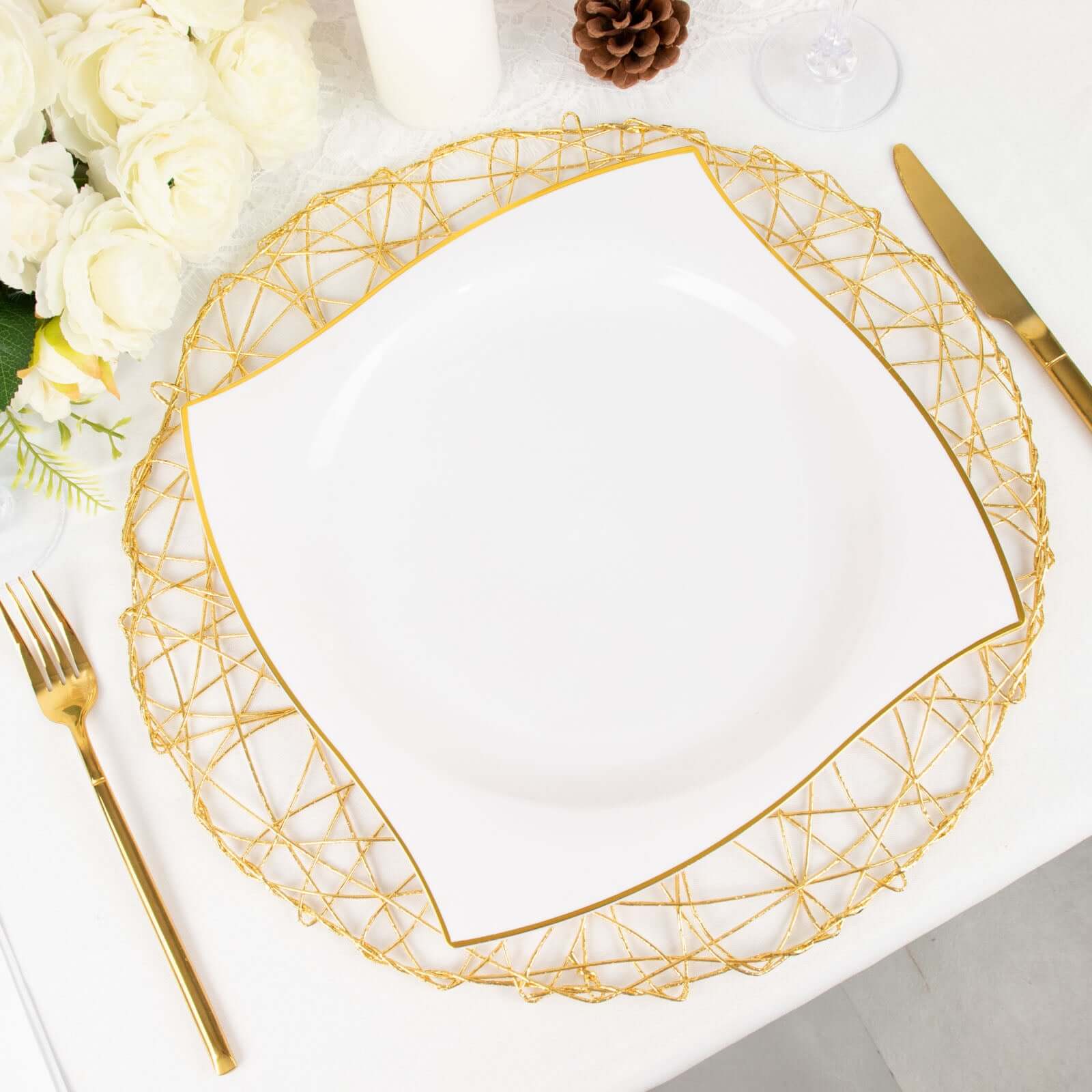 10-Pack Plastic 10 Square Dinner Plates in White with Gold Wavy Rim Modern - Disposable Party Plates for Luxe Events & Banquets