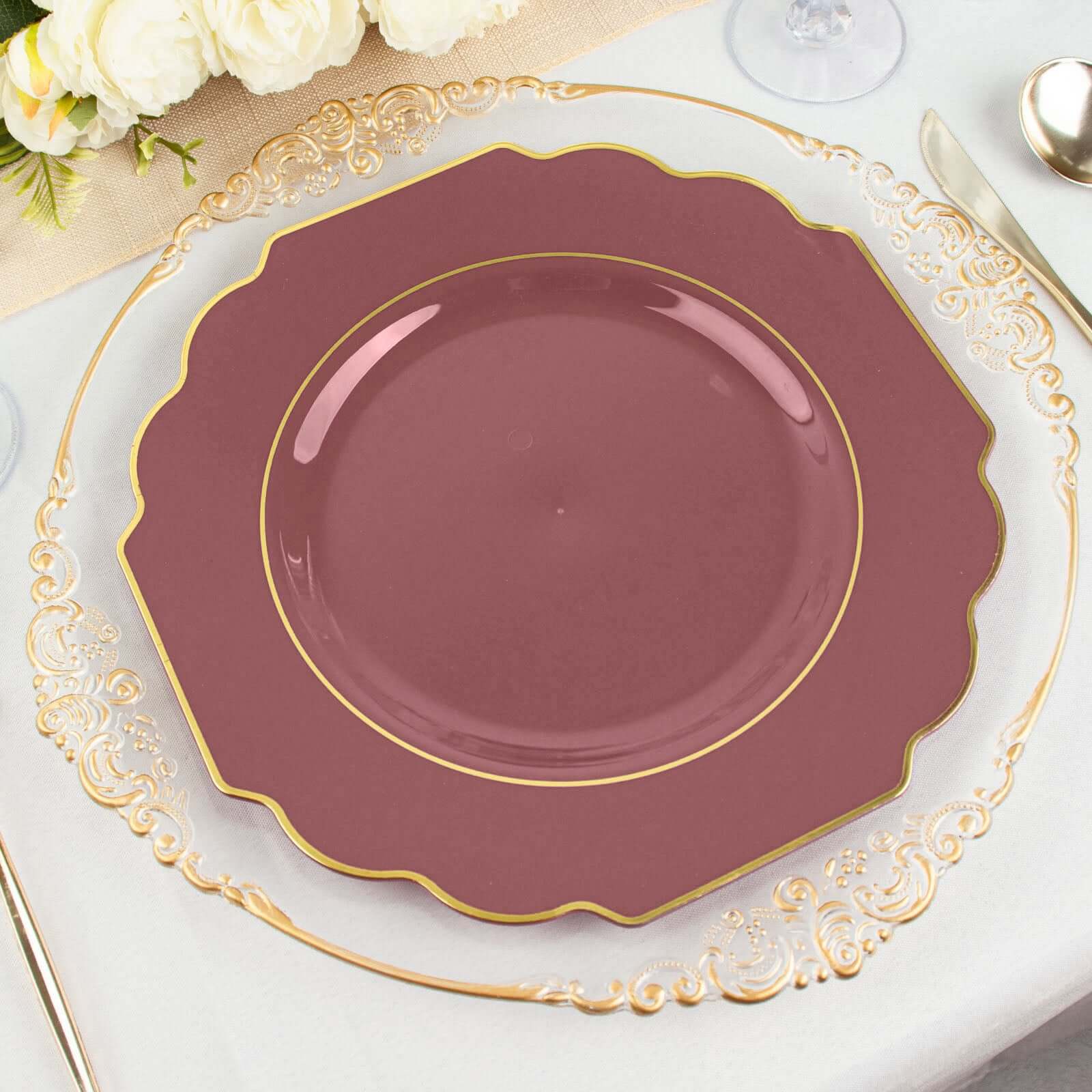 10-Pack Plastic Dinner Plates in Cinnamon Rose Baroque Design with Scalloped Gold Rim - Heavy Duty Disposable Party Plates 11