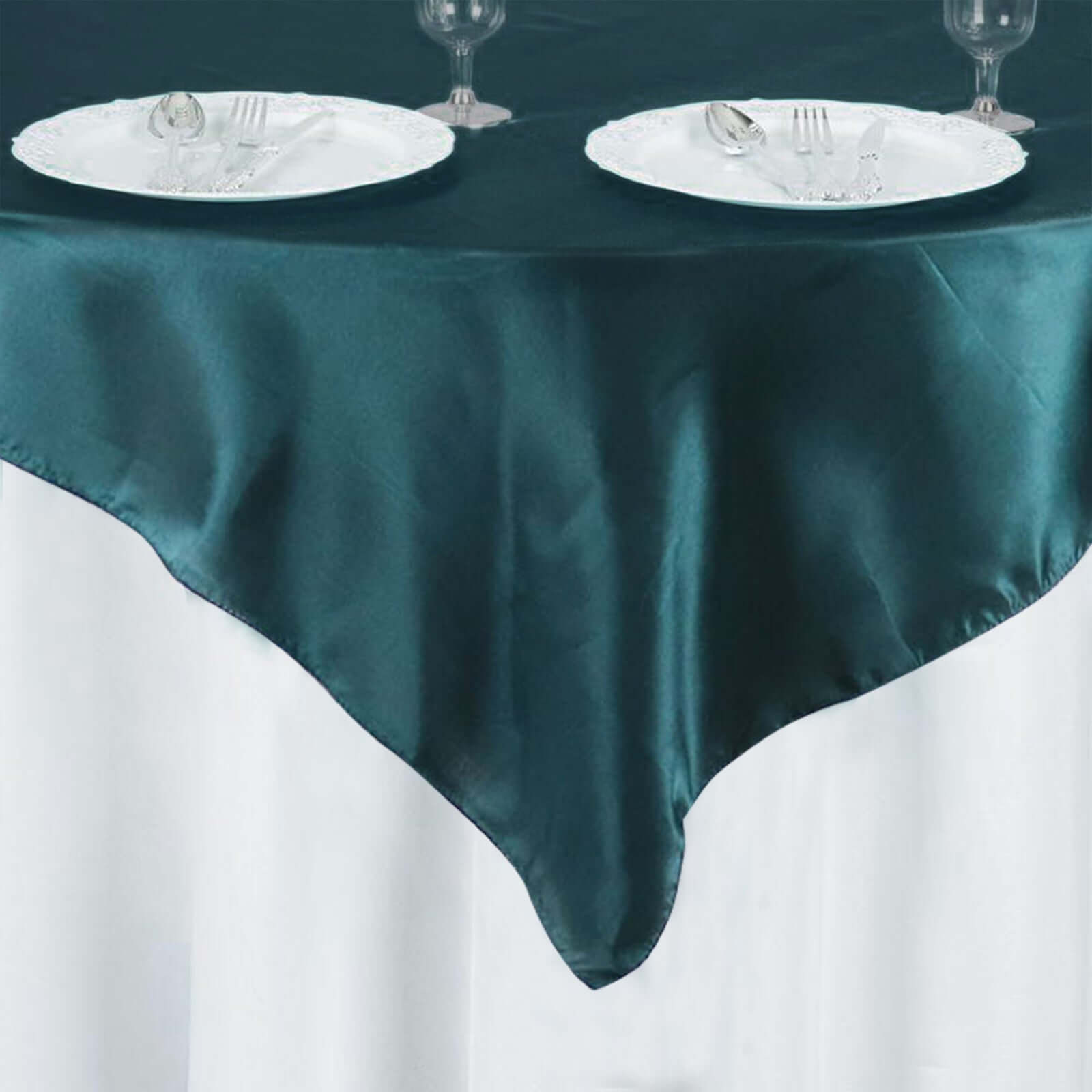 Satin 72x72 Table Overlay Square Tablecloth Peacock Teal - Smooth Finish Table Cover