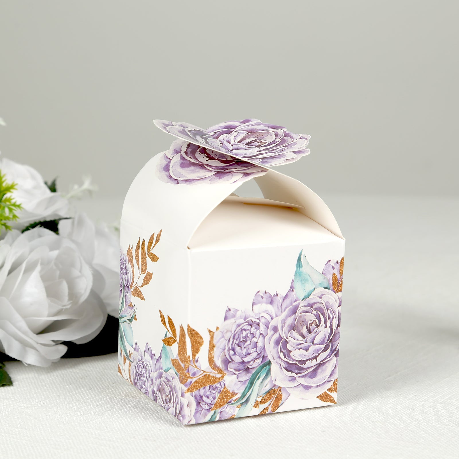 25 Pack Lavender Peony Floral Top Candy Gift Boxes, Lilac Cardstock Paper Party Favor Boxes - 3x3x5