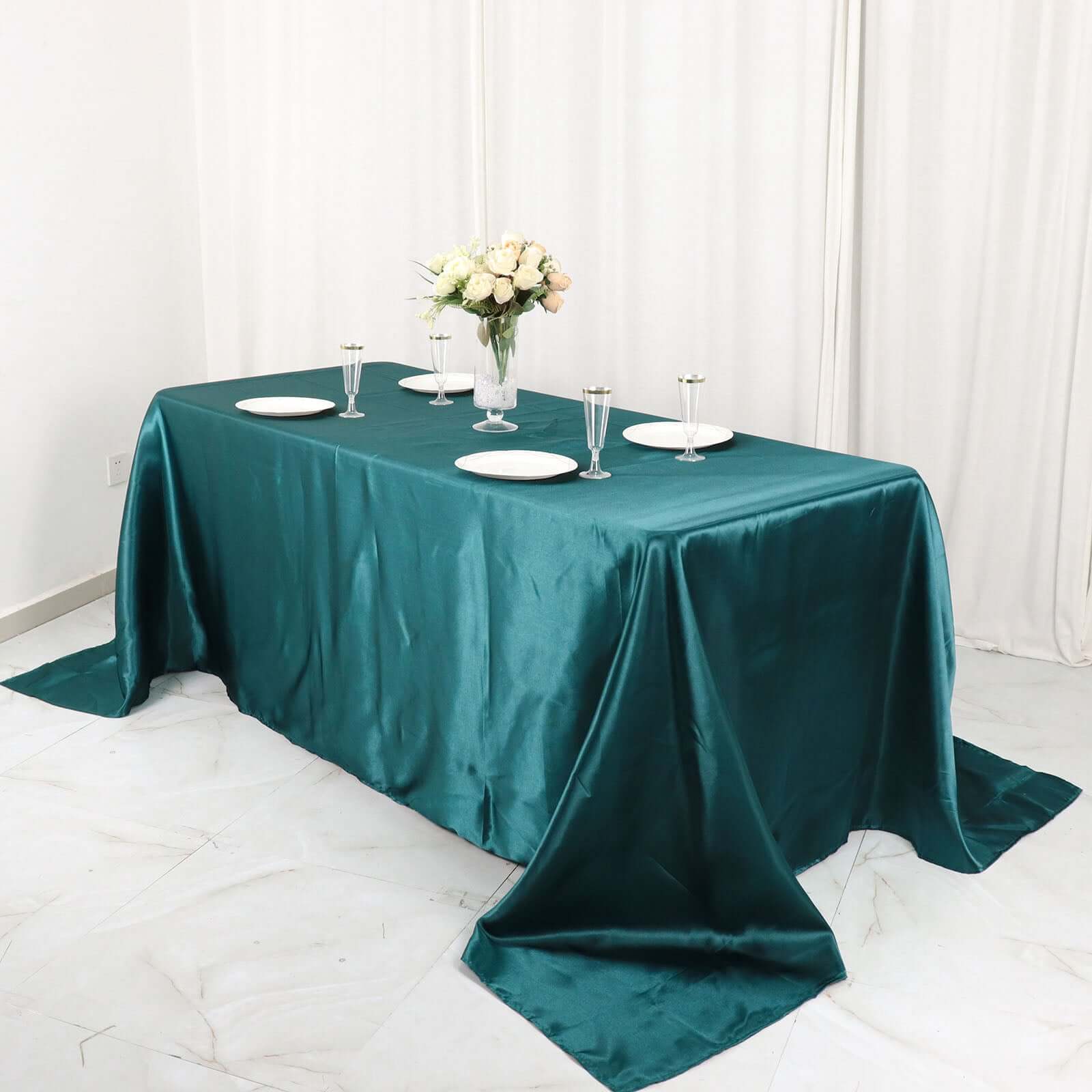 Satin Rectangular 90x132 Tablecloth Peacock Teal Satin - Seamless Table Cover