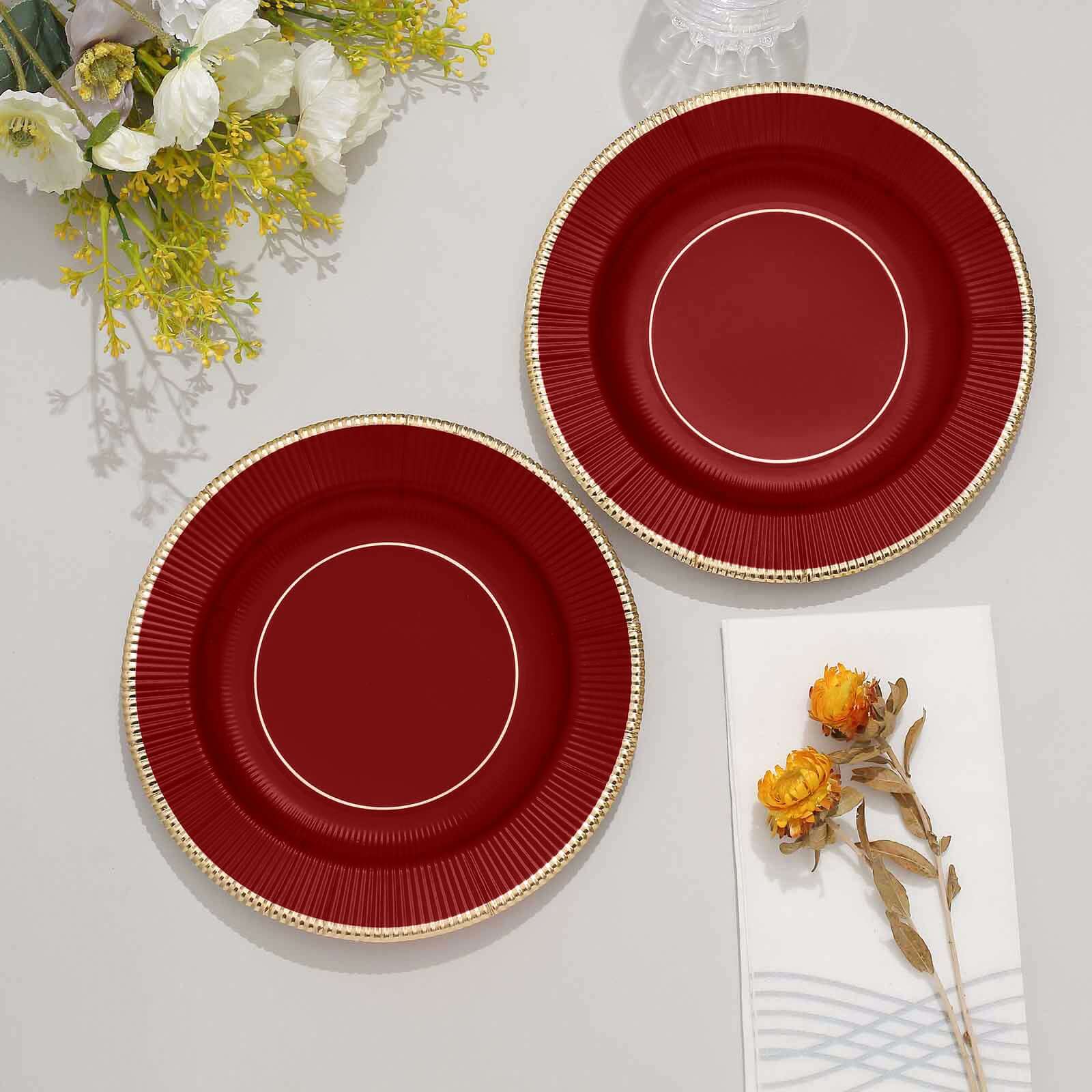 25-Pack Paper 8 Round Dessert Plates in Burgundy Sunray Design with Gold Rim - Disposable Heavy Duty 350GSM Appetizer Salad Plates