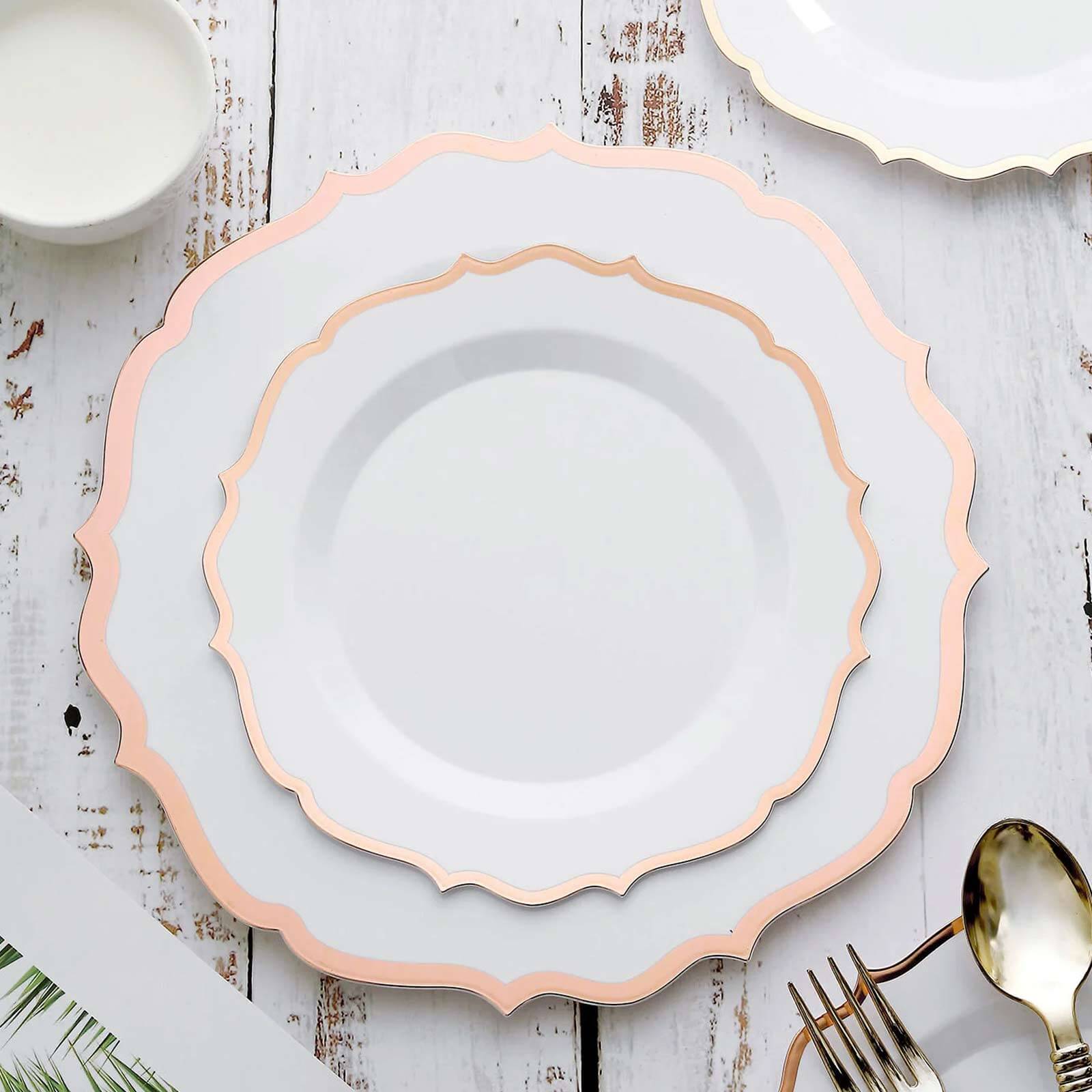 10-Pack Plastic 8 Round Desert Plates in White with Rose Gold Scalloped Rim - Disposable Appetizer/Salad Plates