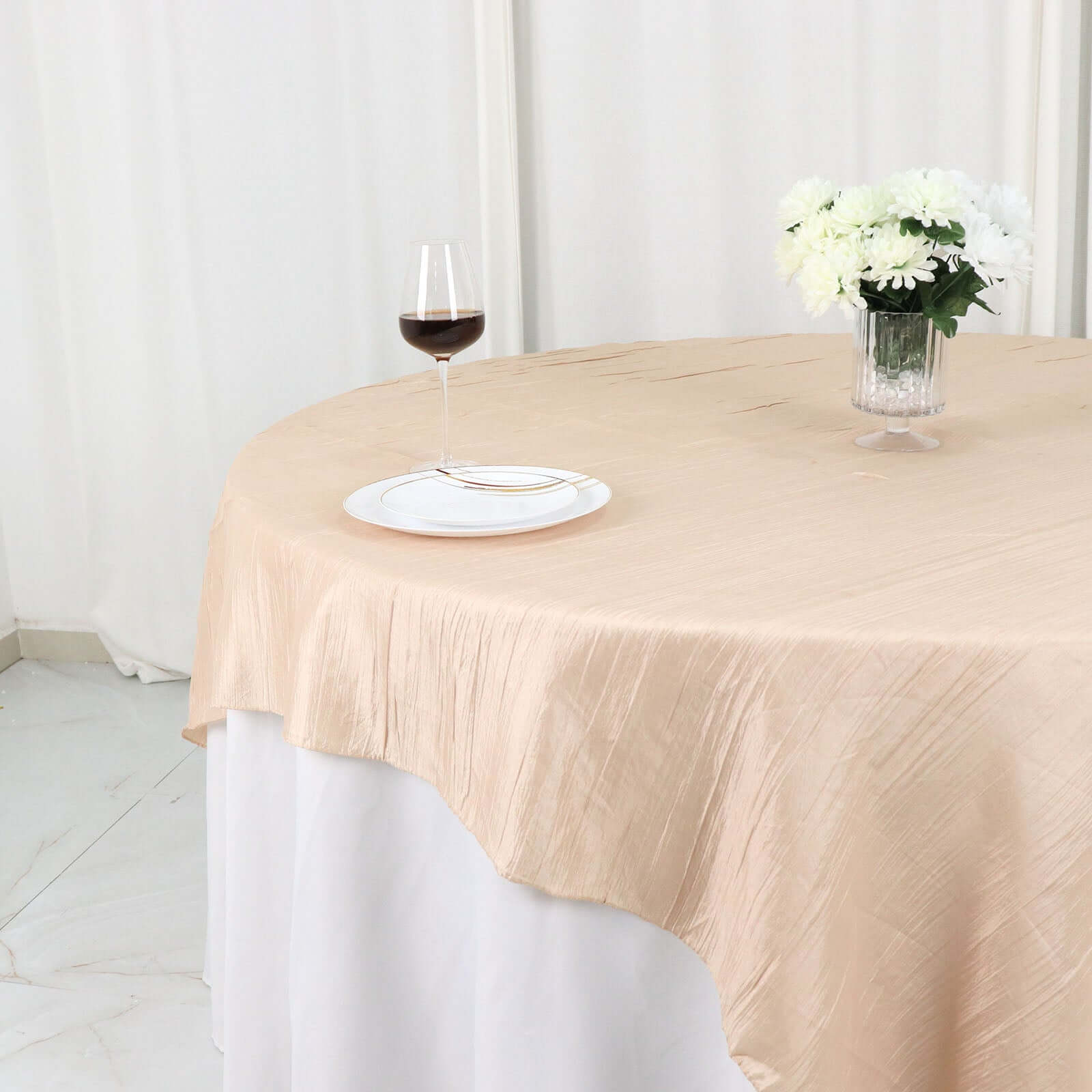 Taffeta 72x72 Table Overlay Square Tablecloth Beige - Accordion Crinkle Table Cover