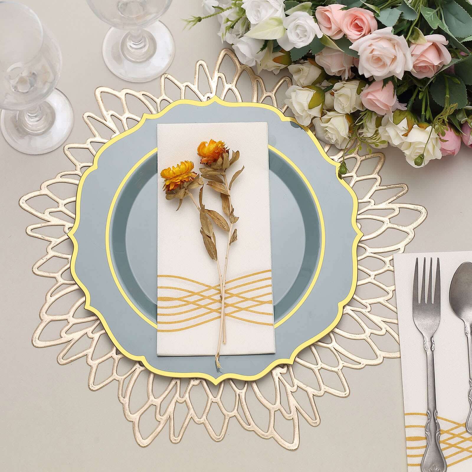 10-Pack Plastic 10 Round Dinner Plates in Dusty Blue with Gold Scalloped Rim - Disposable Party Plates