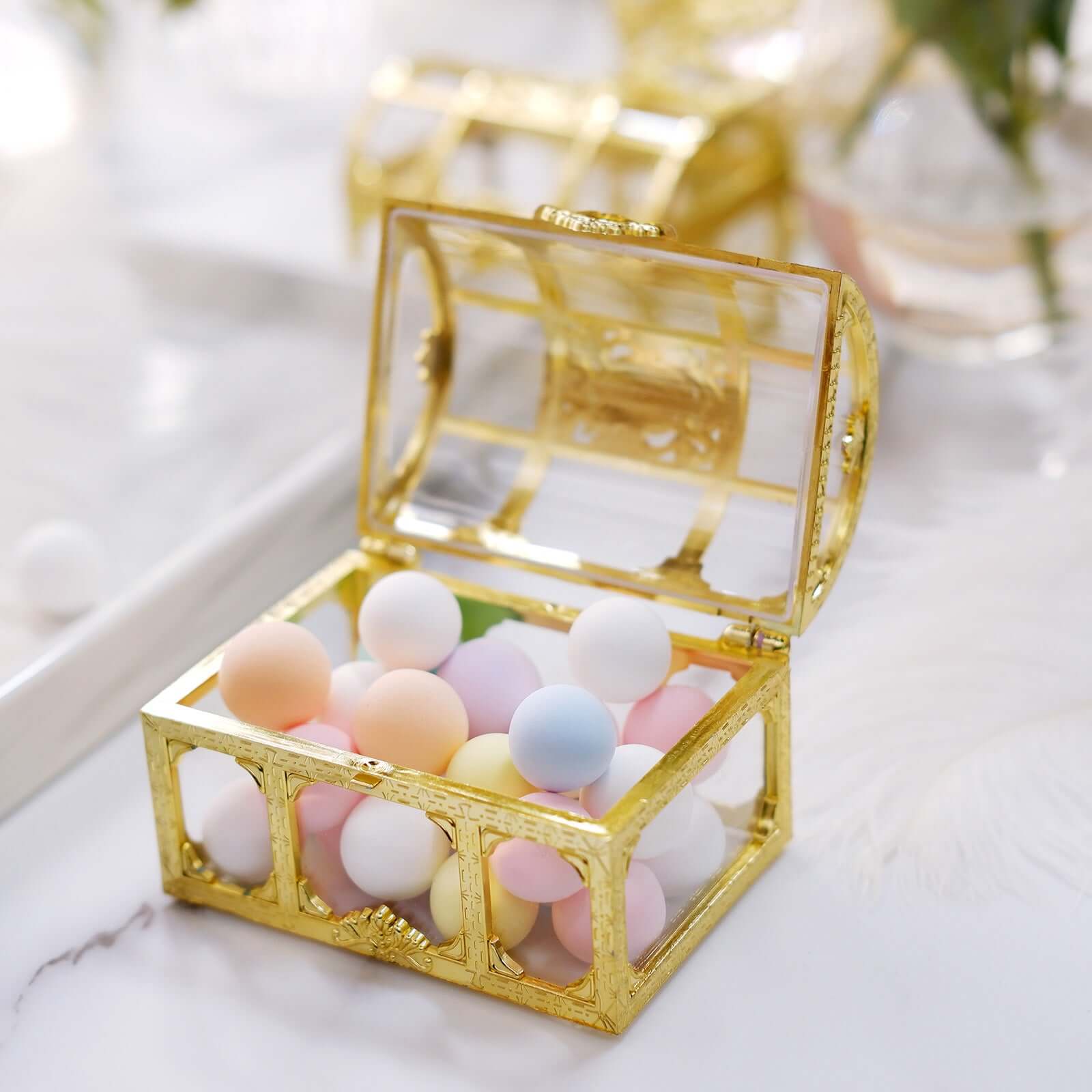 12-Pack Vintage Jewelry Box Candy Containers Clear Gold - Stylish Treasure Chest Favor Boxes 3.5