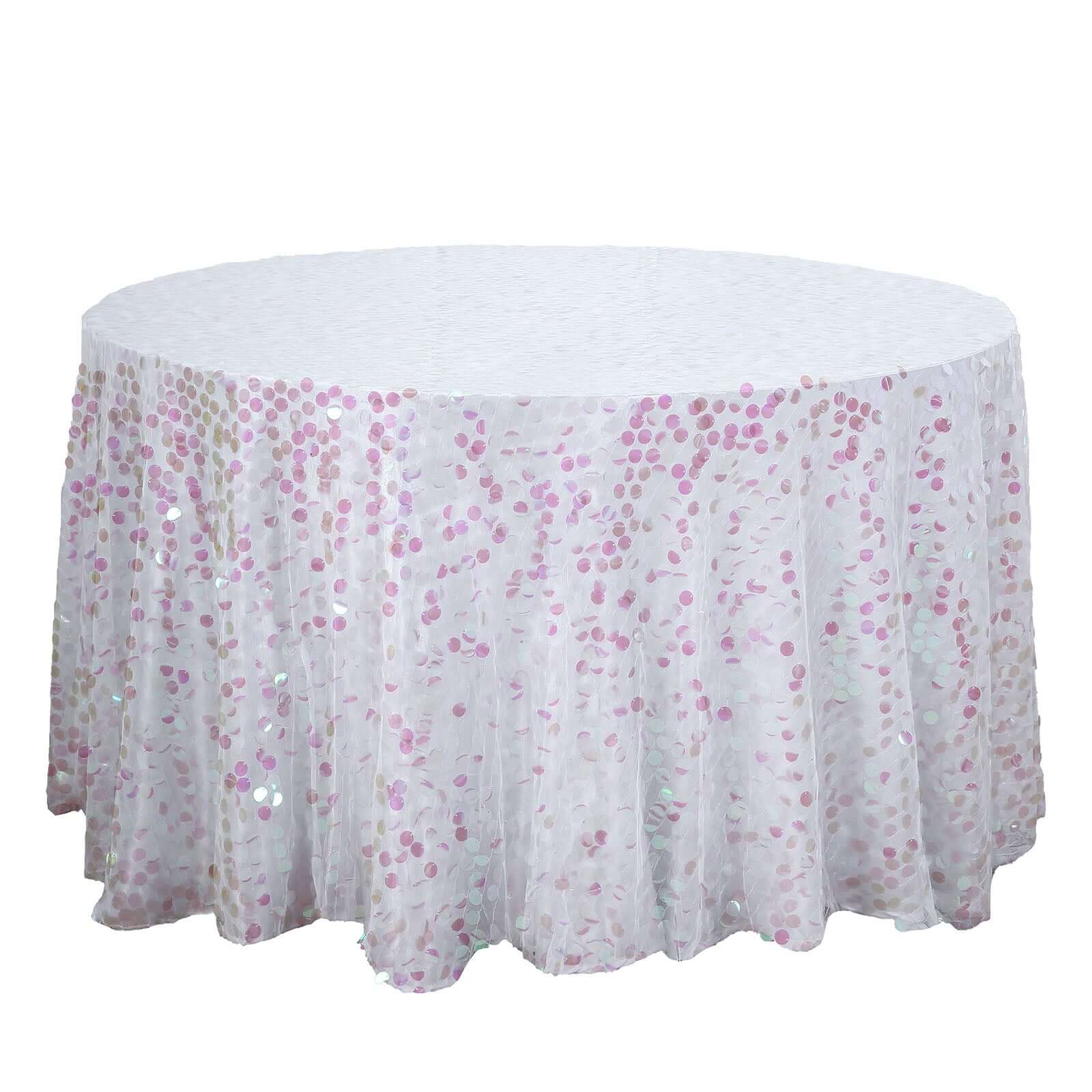 120 Iridescent Seamless Big Payette Sequin Round Tablecloth Collection for 5 Foot Table With Floor-Length Drop