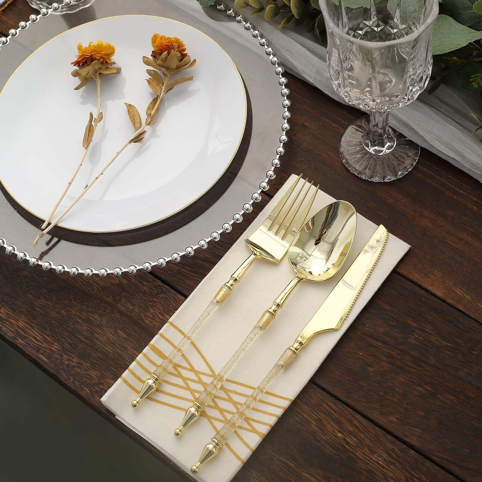 24-Pack Plastic Utensil Set with Roman Column Handle Gold/Clear - Glittered Disposable Silverware