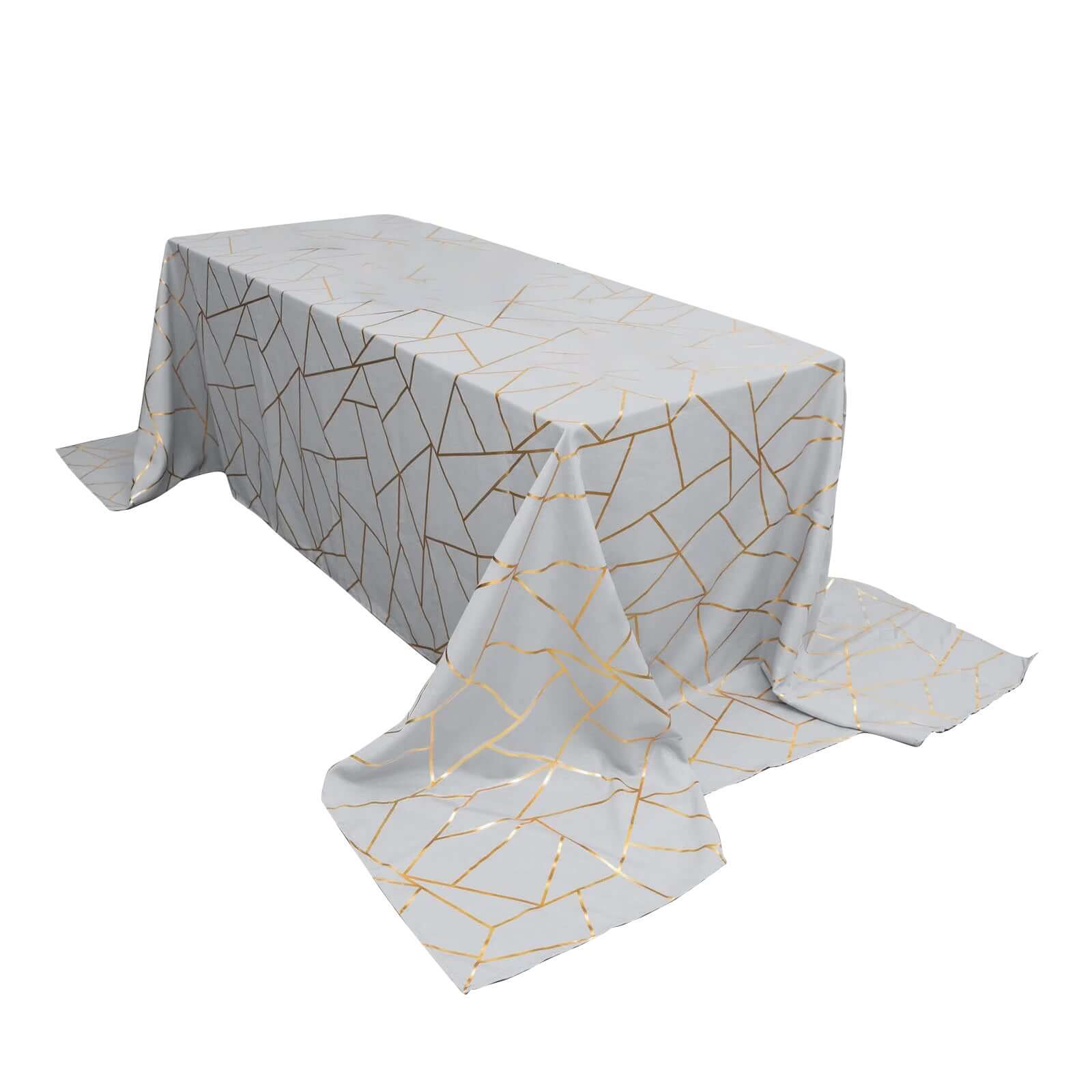 Polyester 90x156 Rectangle Tablecloth Silver Seamless with Gold Foil Geometric Pattern - Wrinkle-Resistant Seamless Table Cover for Sophisticated Events