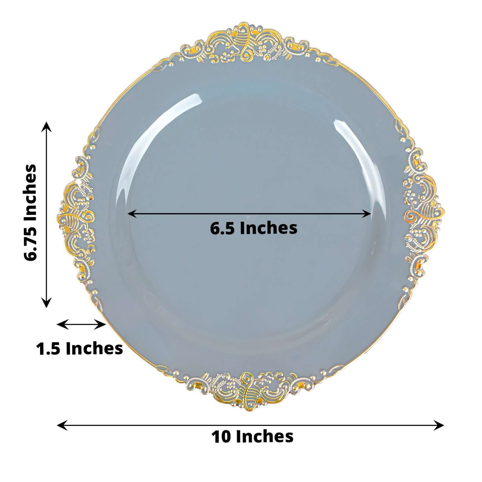 10-Pack Plastic 10 Round Dinner Plates in Dusty Blue with Gold Leaf Embossed Rim - Disposable Vintage Baroque Style Plates