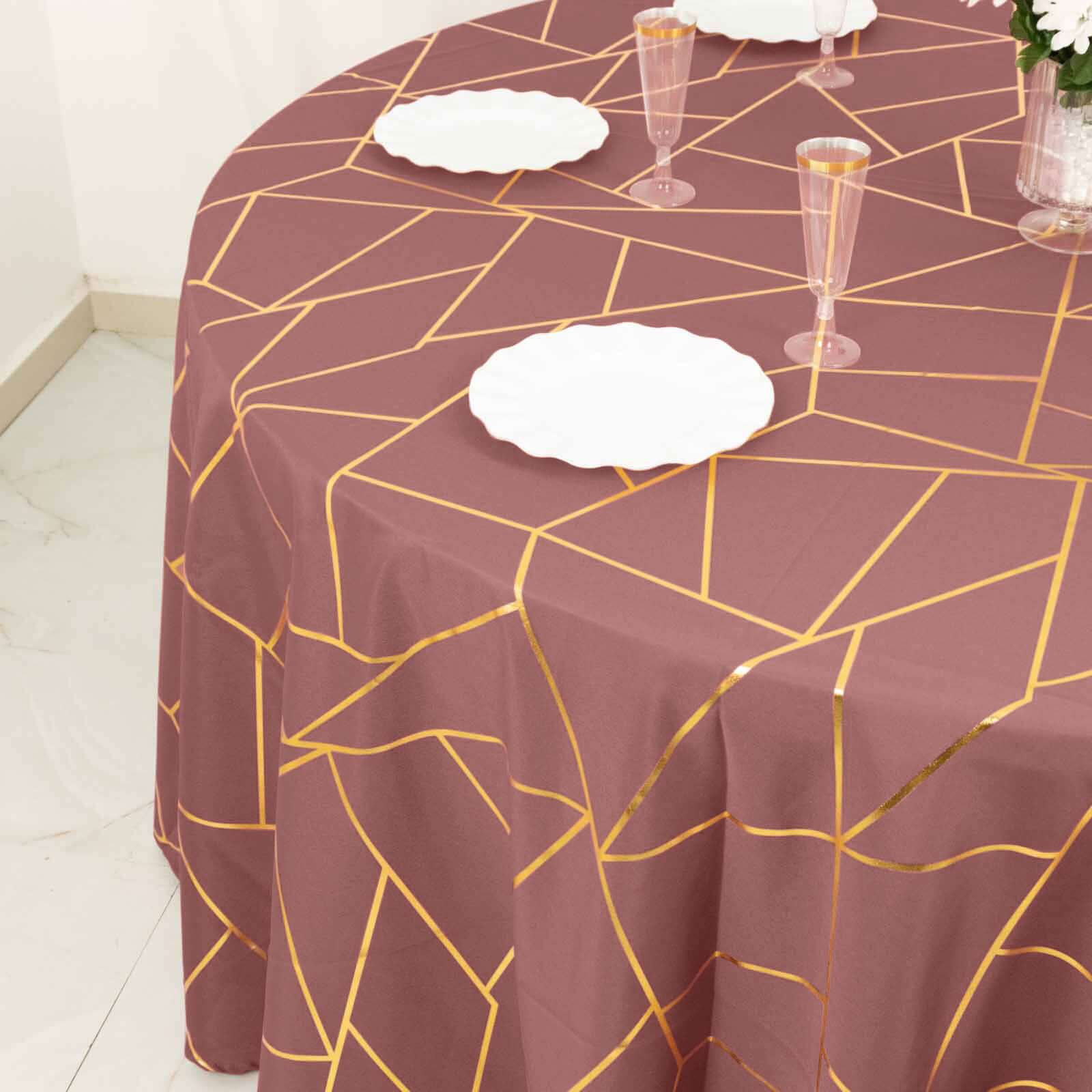 Polyester 120 Round Tablecloth Cinnamon Rose with Gold Foil Geometric Pattern Wrinkle-Resistant Seamless Table Cover