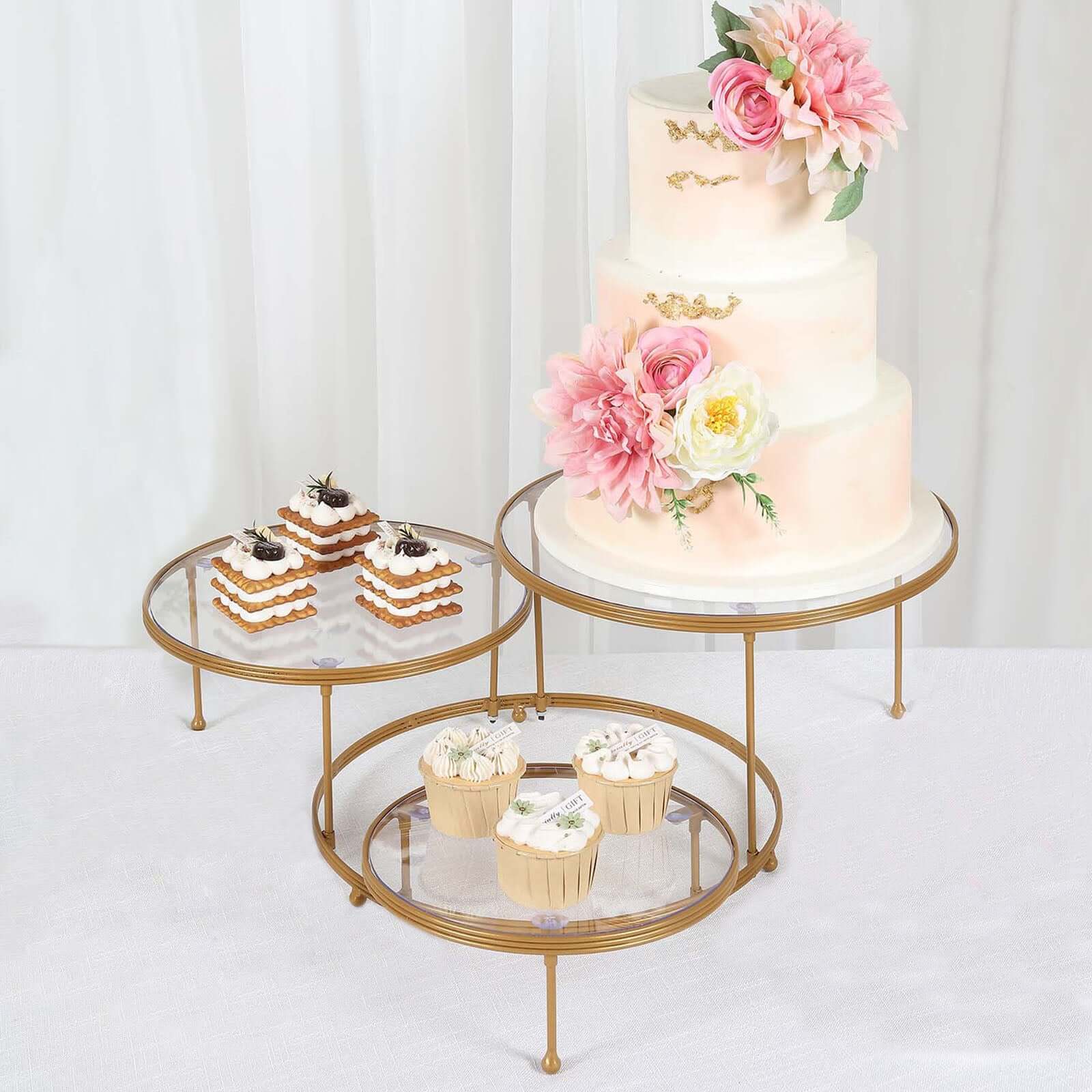 3-Tier Metal Cupcake Stand with Clear Round Acrylic Plates Gold - Dessert Cake Display Holder 23