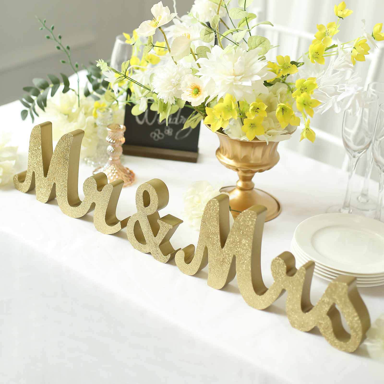 Wooden Mr & Mrs Freestanding Letters Gold Glittered - Rustic Glam Wedding Table Display Signs