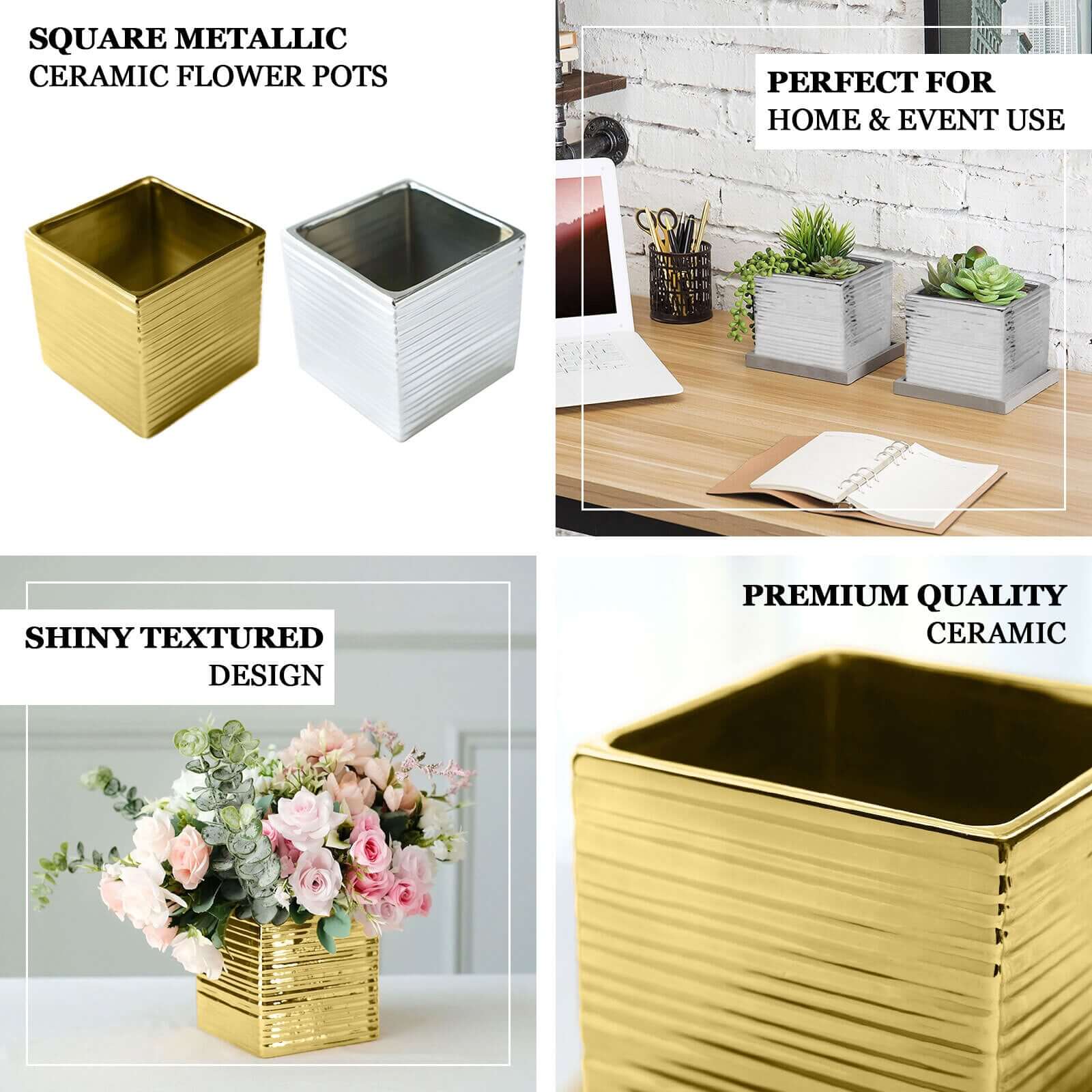 2 Pack 5 Silver Brush Textured Ceramic Square Indoor Plant Pots, Cube Shaped Flower Box