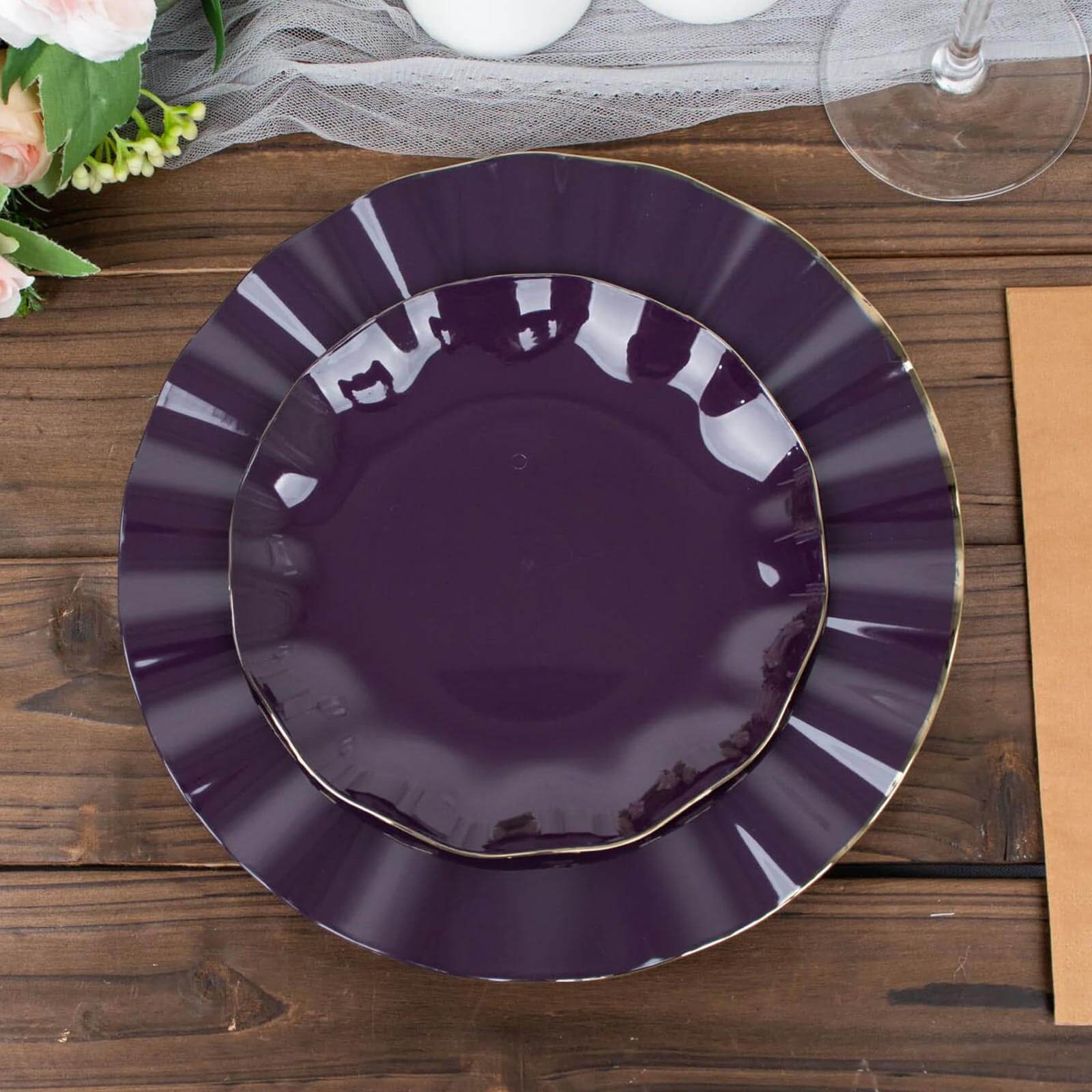 10-Pack Plastic Round 6 Dessert Plates in Purple Ruffled Rim with Gold Edging - Sturdy Disposable Salad Appetizer Dinnerware