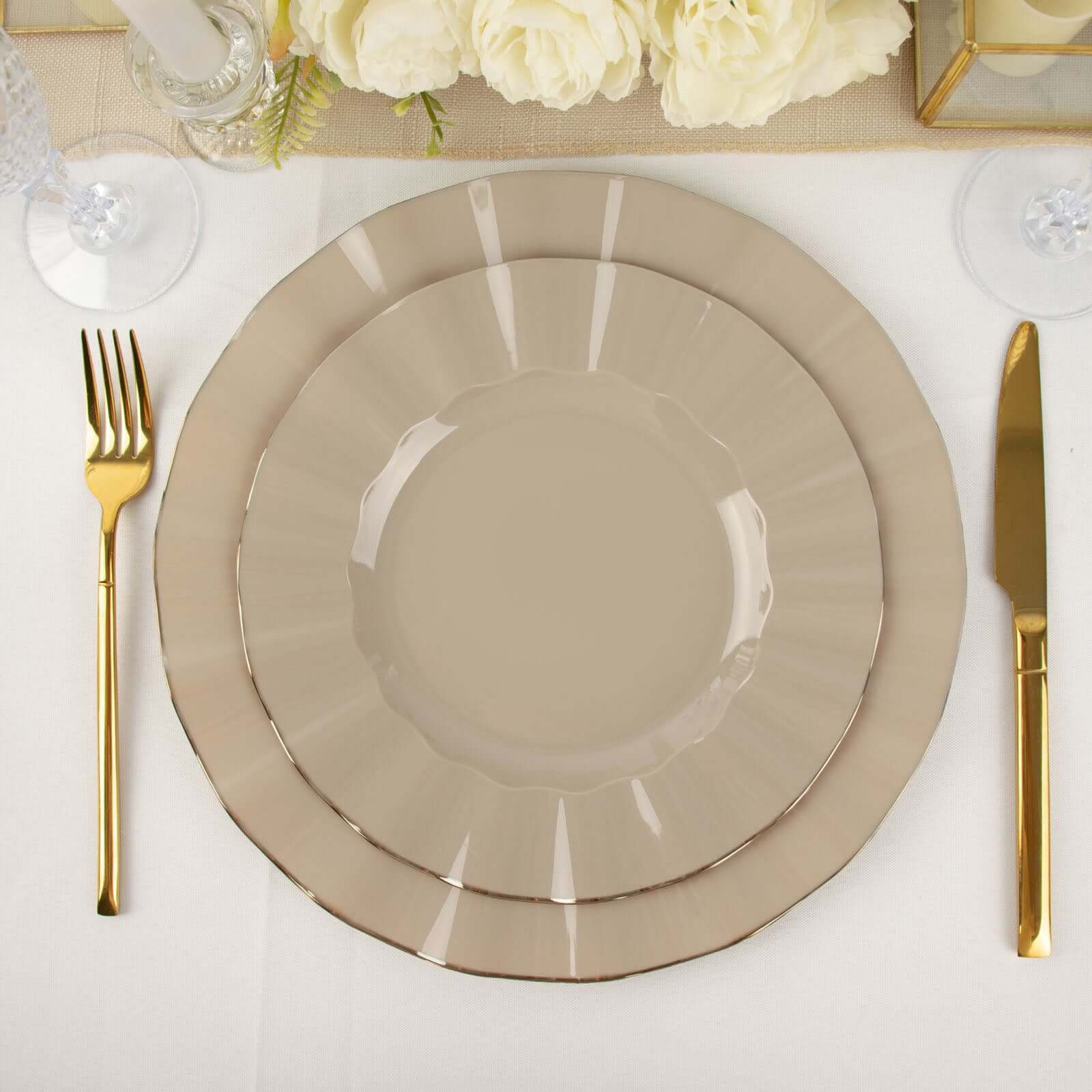 10-Pack Plastic 9 Round Dinner Plates in Taupe Ruffled Rim with Gold Edging - Sturdy Disposable Dinnerware