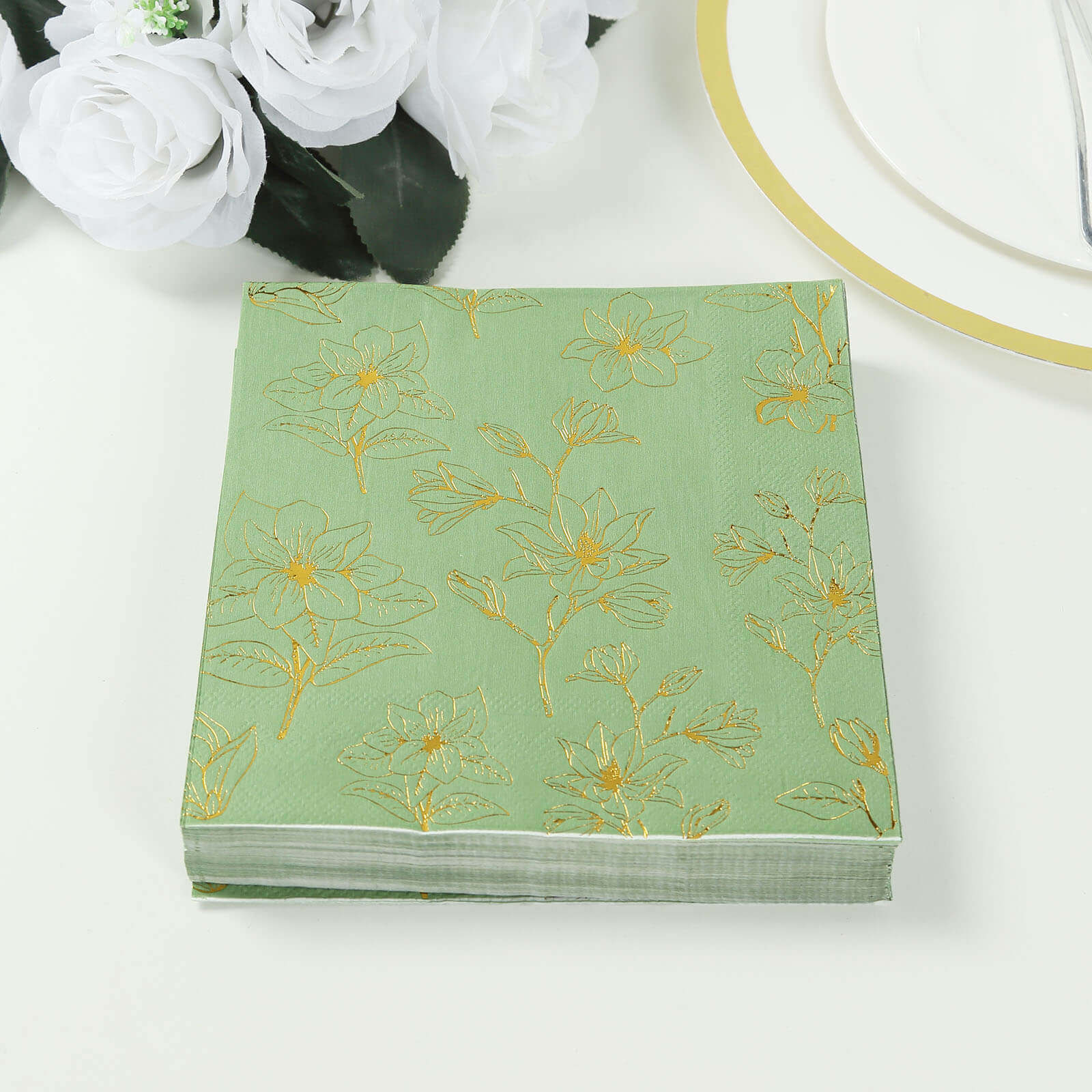 50-Pack Paper Cocktail Napkins with Gold Magnolia Flowers Print Sage Green - Highly 2 Ply Absorbent Soft Napkins for Beverages