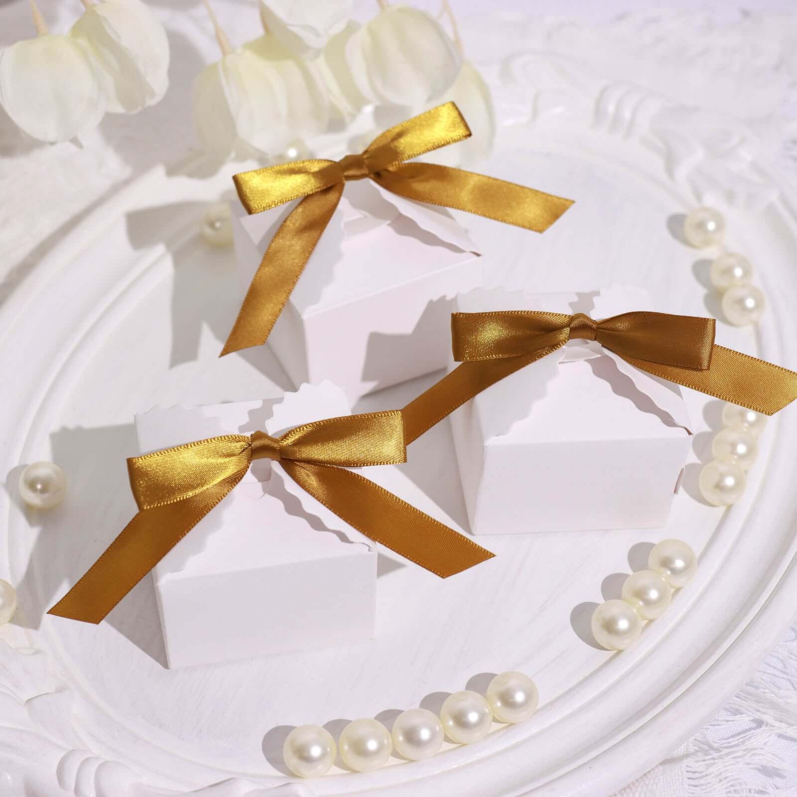 50 Pcs 3 Satin Ribbon Bows With Twist Ties, Gift Basket Party Favor Bags Decor - Gold Classic Style