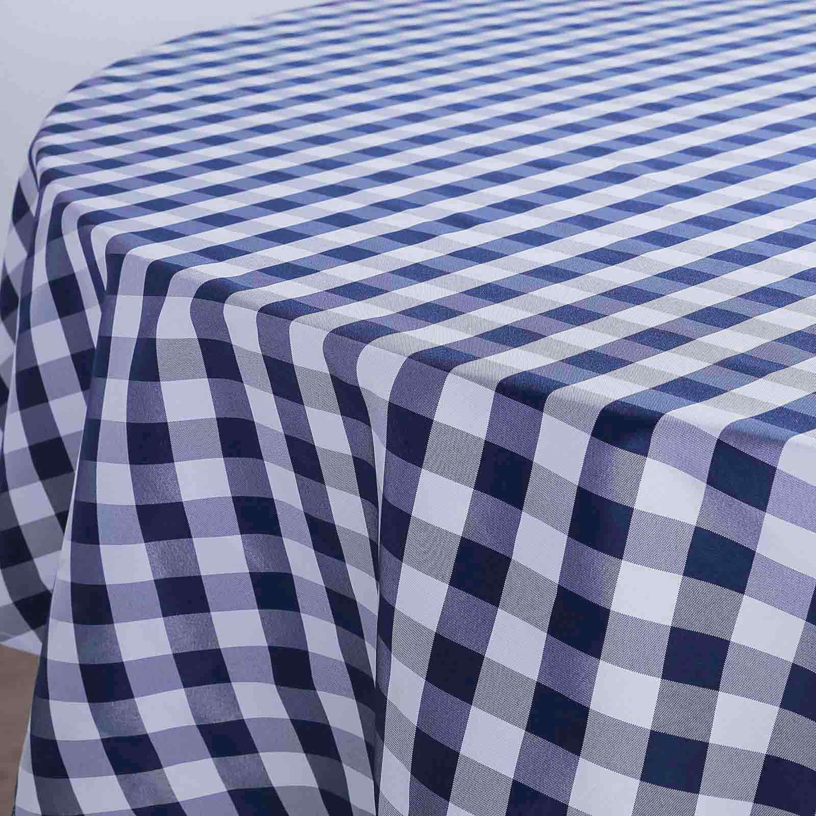 Polyester 108 Round Tablecloth White/Navy Blue - Checkered Buffalo Plaid Table Cover