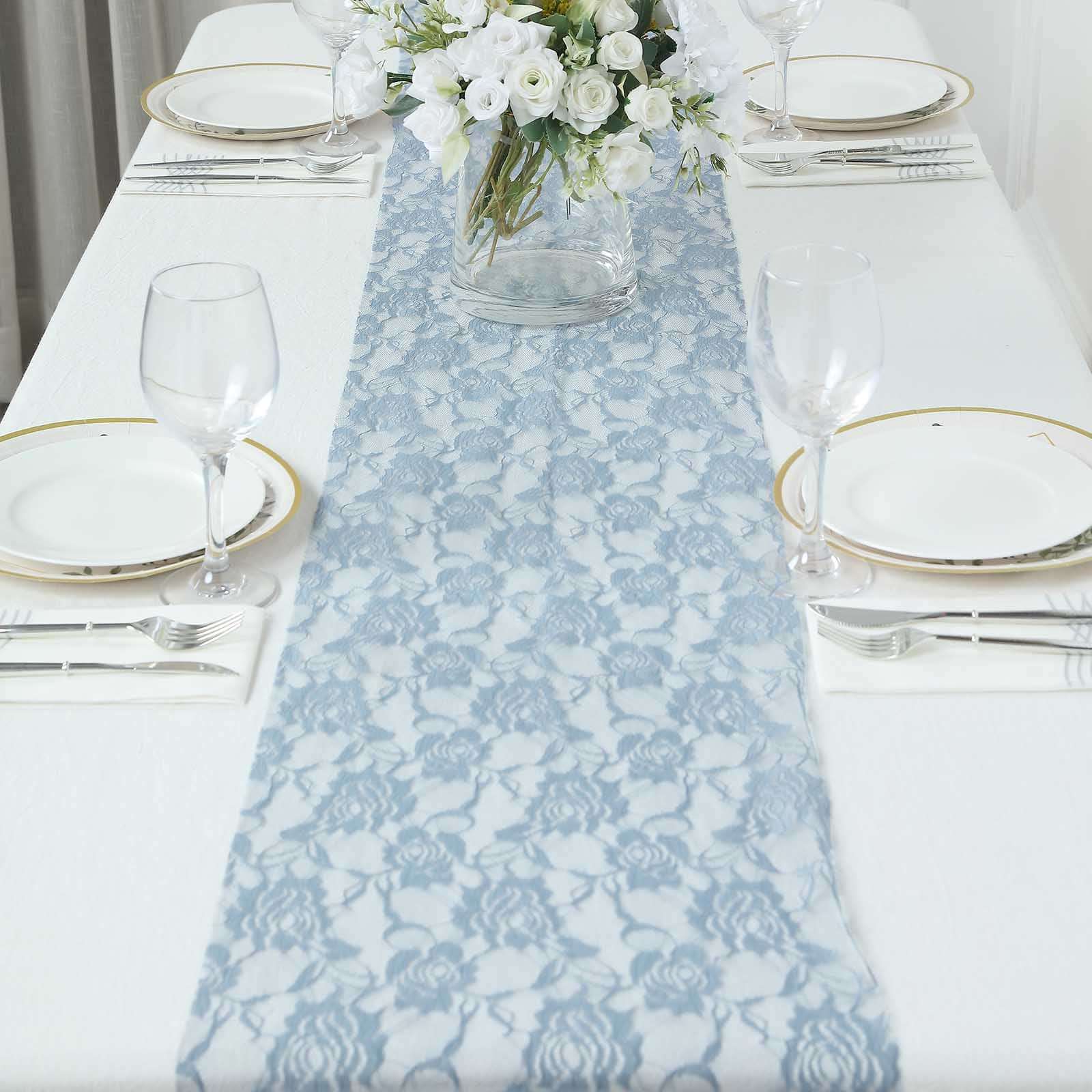 Lace 12x108 Table Runner Dusty Blue - Vintage Rose Pattern Table Decor