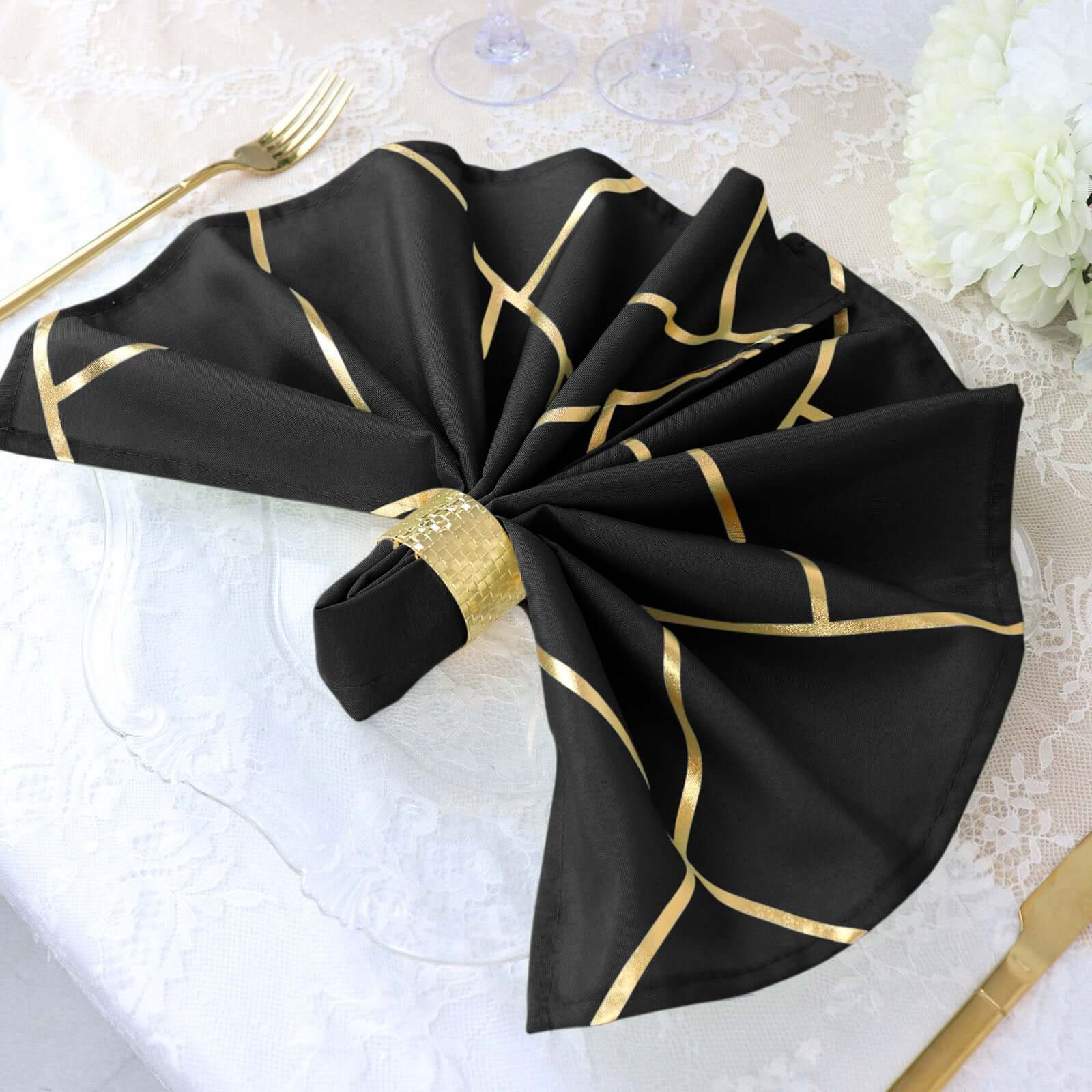 5 Pack Polyester 20x20 Napkins Black with Gold Geometric Foil Pattern - Modern Reusable Dinner Napkins