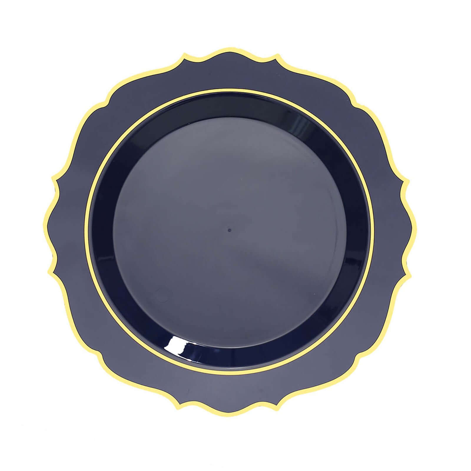 10-Pack Plastic 8 Round Desert Plates in Navy Blue with Gold Scalloped Rim - Disposable Appetizer/Salad Plates