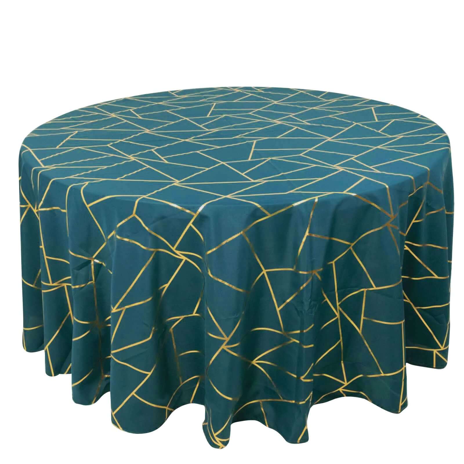 120 Peacock Teal Seamless Round Polyester Tablecloth With Gold Foil Geometric Pattern for 5 Foot Table With Floor-Length Drop